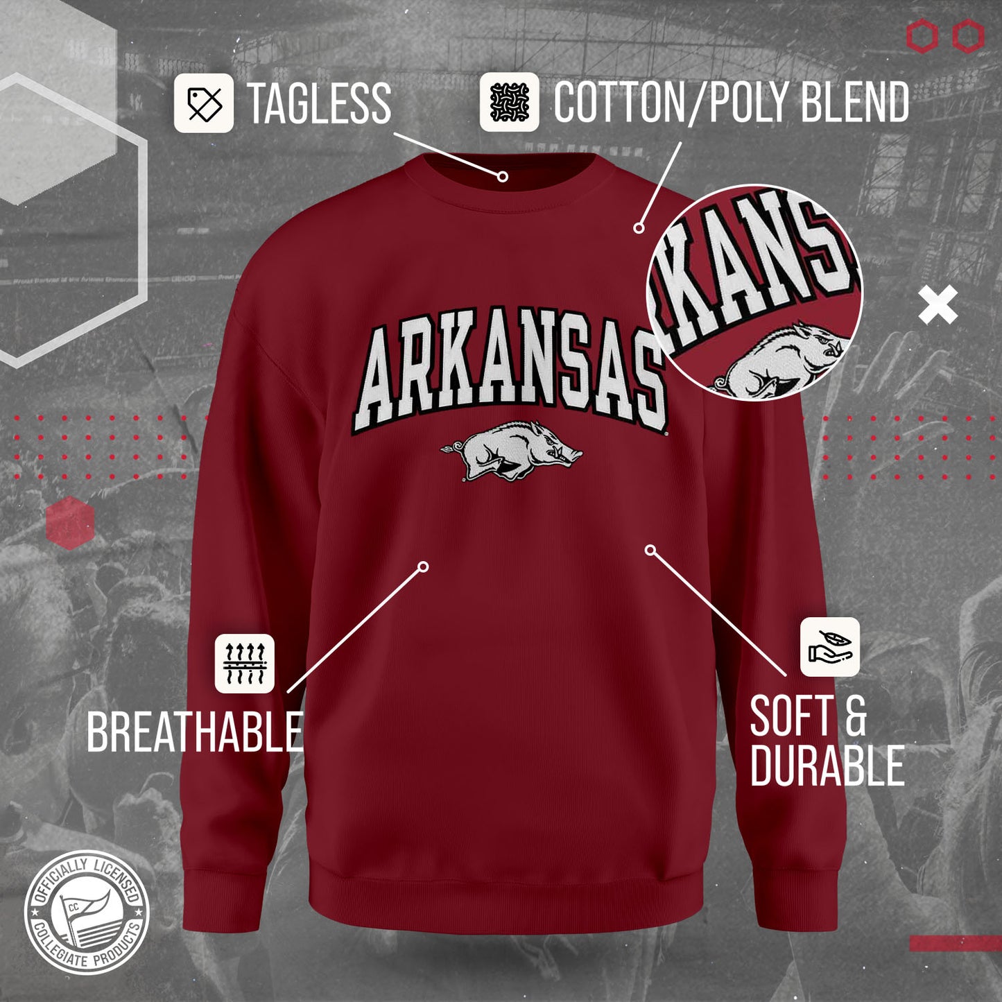 Arkansas Razorbacks NCAA Adult Tackle Twill Crewneck Sweatshirt - Cardinal