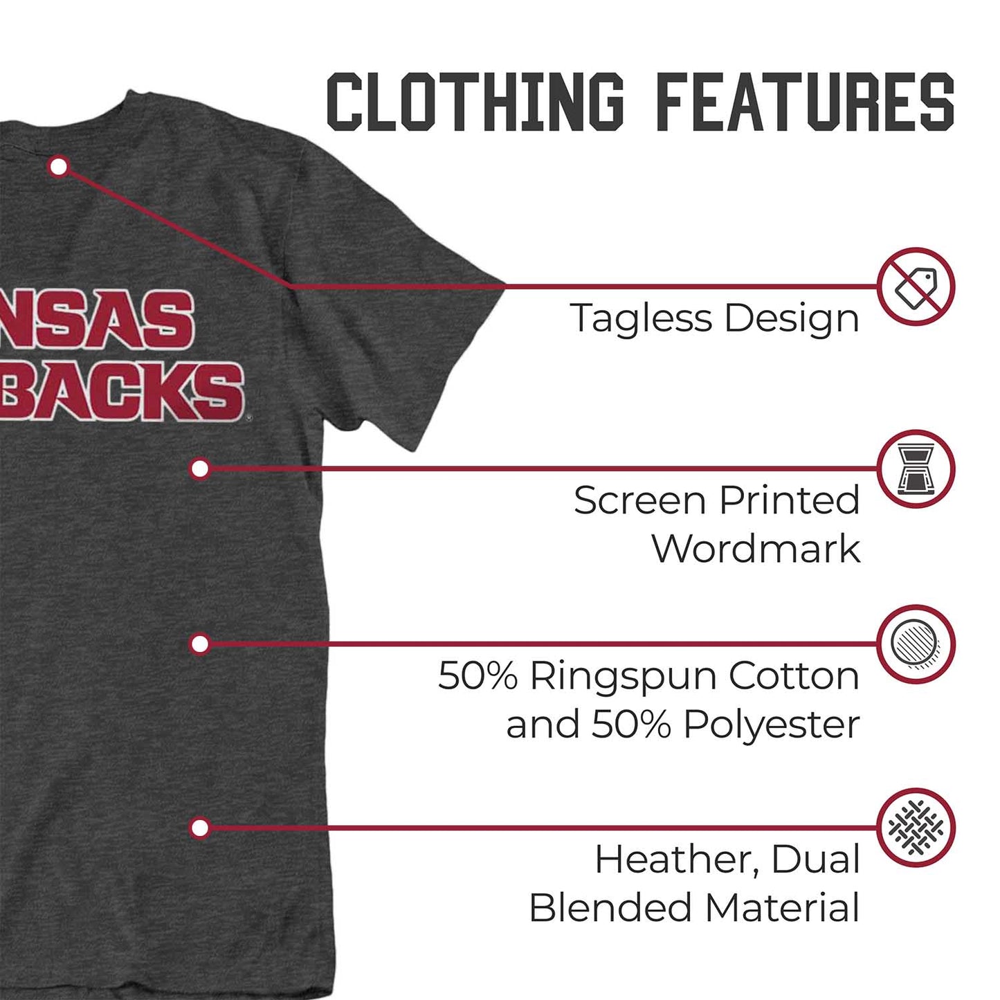 Arkansas Razorbacks Campus Colors NCAA Adult Cotton Blend Charcoal Tagless T-Shirt - Charcoal