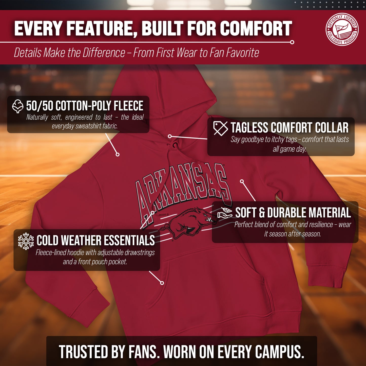 Arkansas Razorbacks NCAA Adult Unisex Overtime Classics Hooded Fleece Sweatshirt - Cardinal