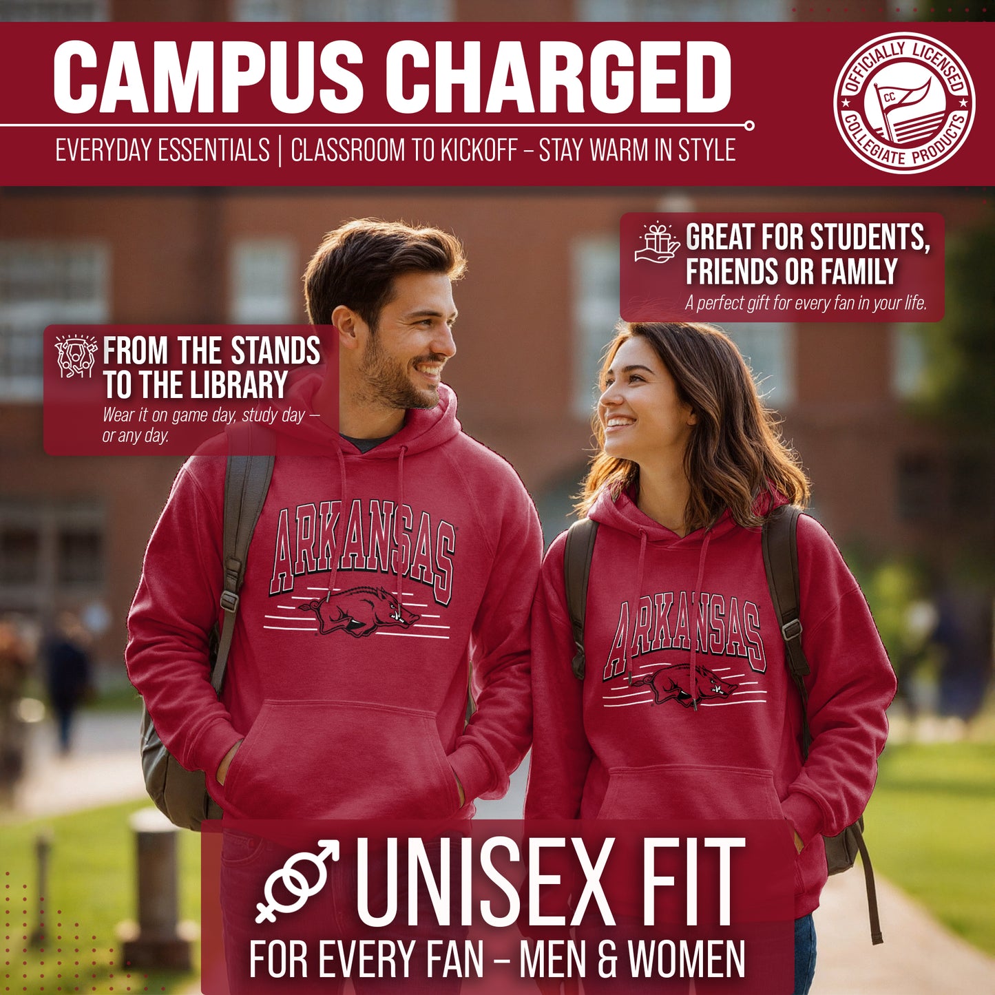 Arkansas Razorbacks NCAA Adult Unisex Overtime Classics Hooded Fleece Sweatshirt - Cardinal