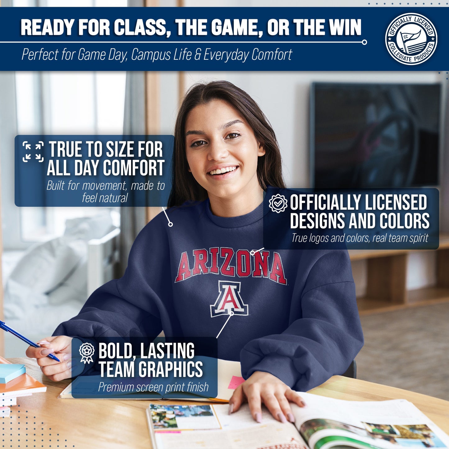 Arizona Wildcats Adult Arch & Logo Soft Style Gameday Crewneck Sweatshirt - Navy
