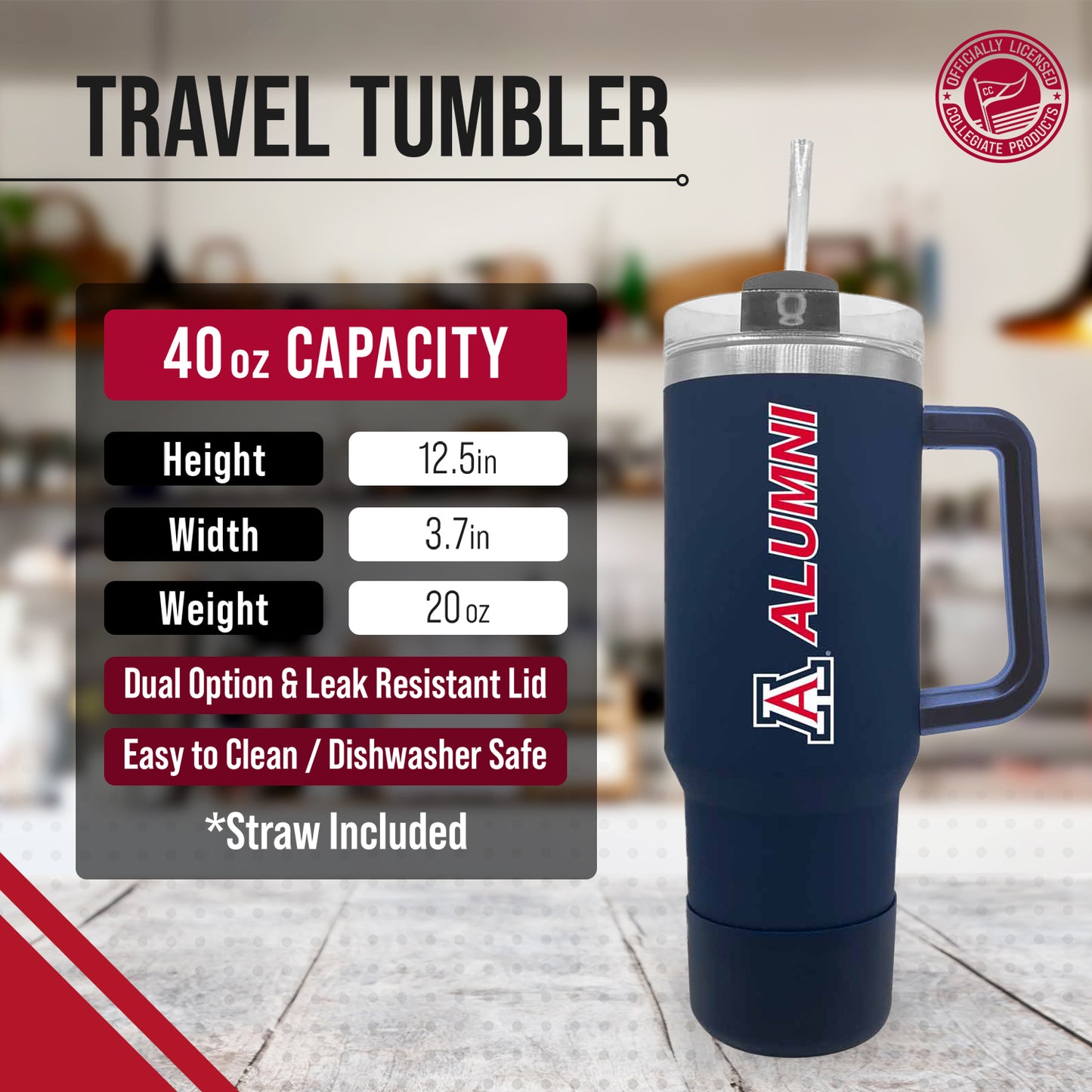 Arizona Wildcats Collegiate 40oz Stainless Steel Travel Tumbler with Handle for Alumni - Navy