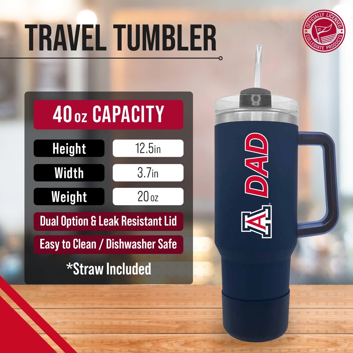 Arizona Wildcats Collegiate 40oz Stainless Steel Travel Tumbler with Handle for Dad - Navy