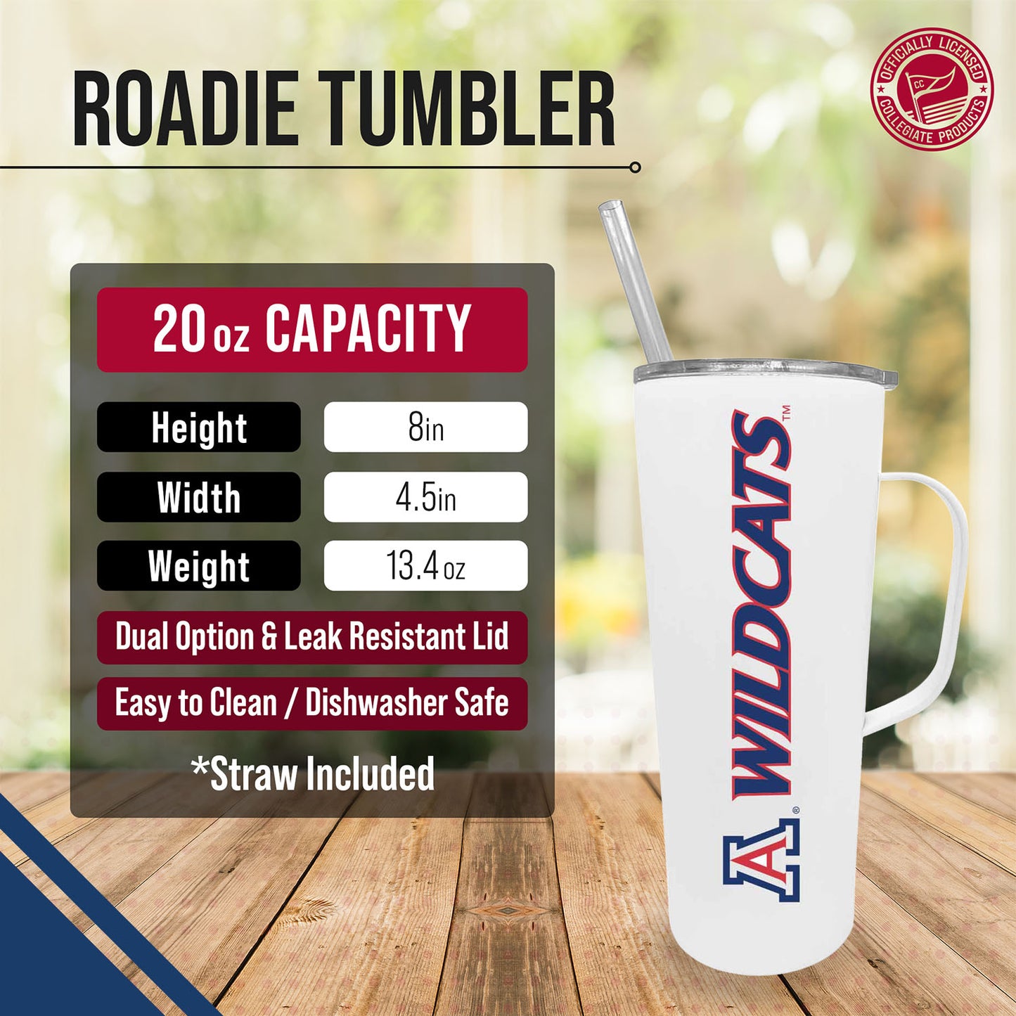 Arizona Wildcats NCAA Stainless Steel 20oz Roadie With Handle & Dual Option Lid With Straw - White