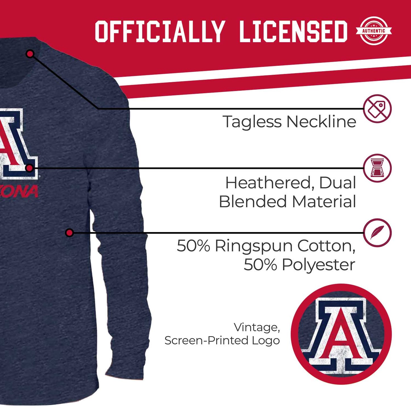 Arizona Wildcats NCAA MVP Adult Long-Sleeve Shirt - Navy
