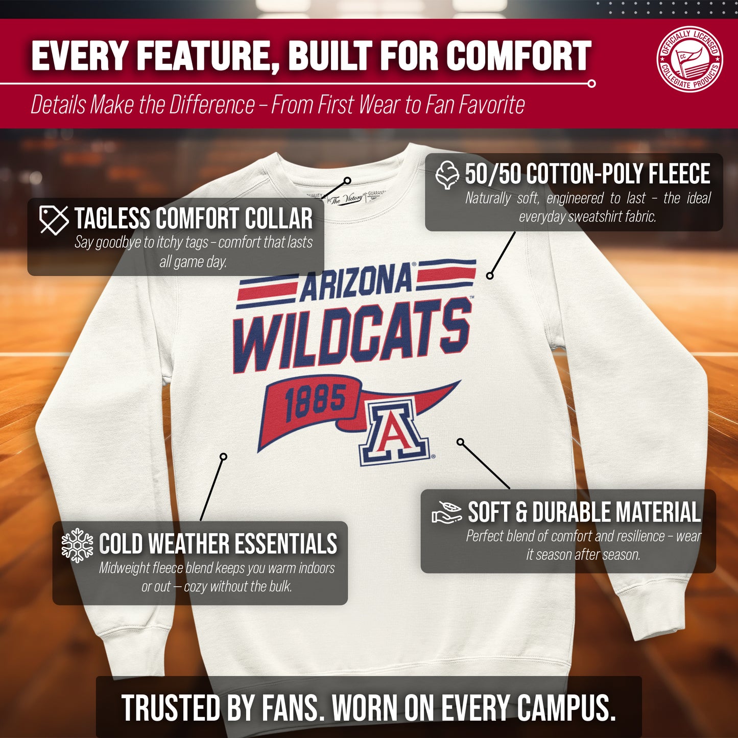 Arizona Wildcats NCAA Adult Unisex Varsity Club Pennant Crewneck Fleece Sweatshirt - Off White