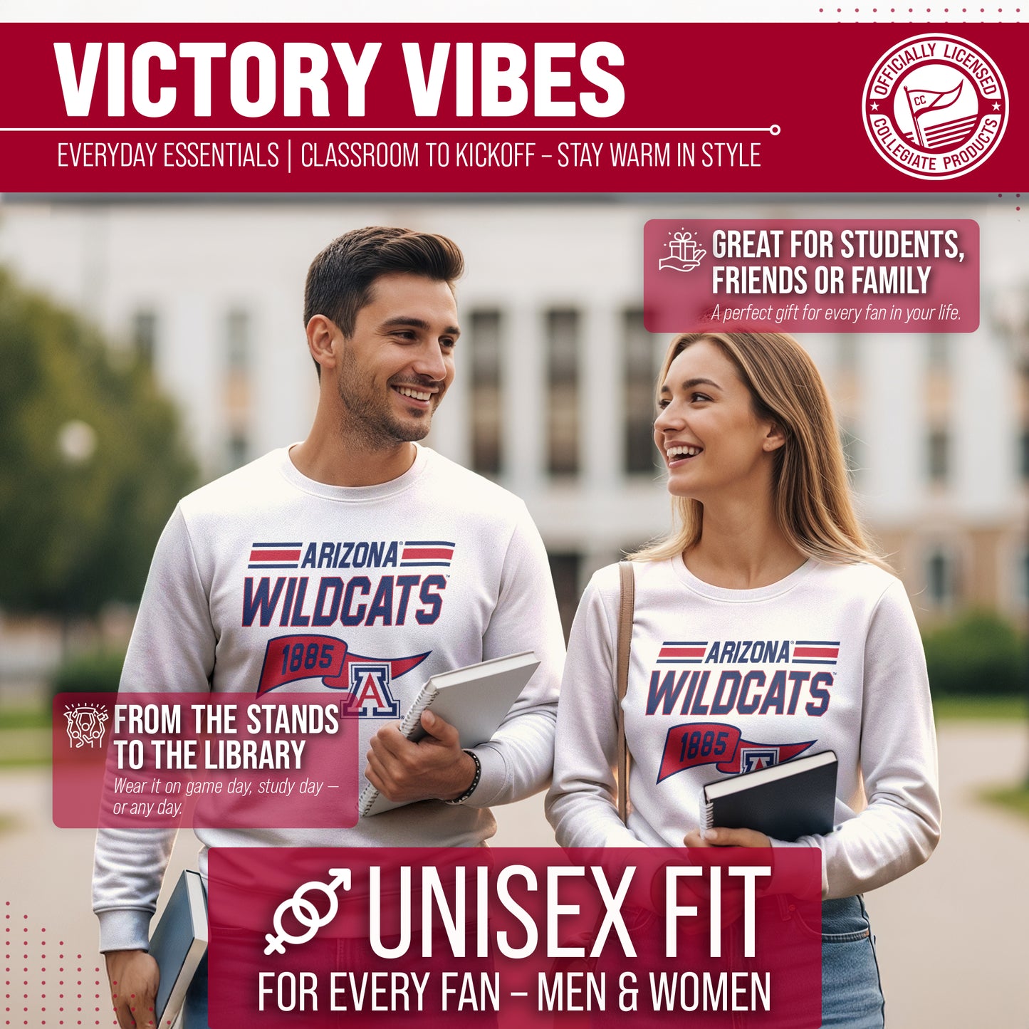 Arizona Wildcats NCAA Adult Unisex Varsity Club Pennant Crewneck Fleece Sweatshirt - Off White