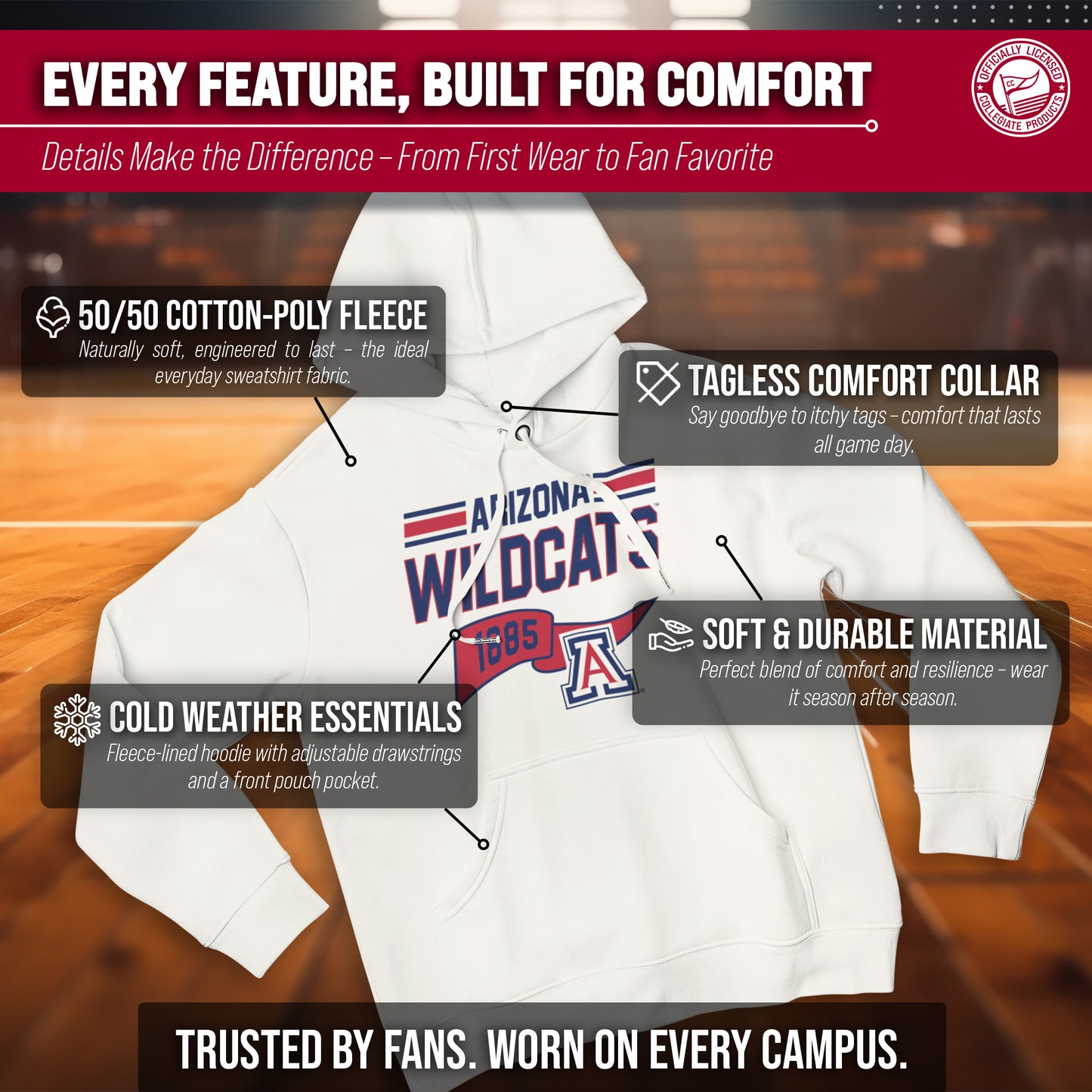 Arizona Wildcats NCAA Adult Unisex Varsity Club Pennant Hooded Fleece Sweatshirt - Off White