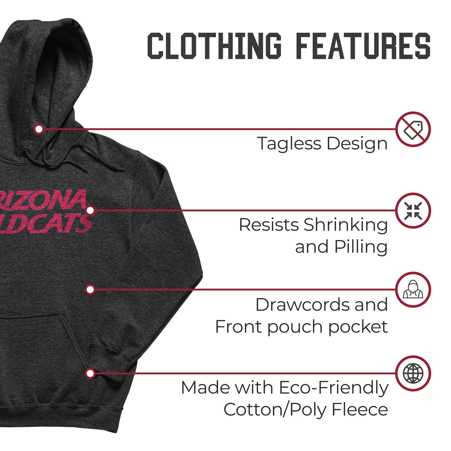 Arizona Wildcats NCAA Adult Cotton Blend Charcoal Hooded Sweatshirt - Charcoal