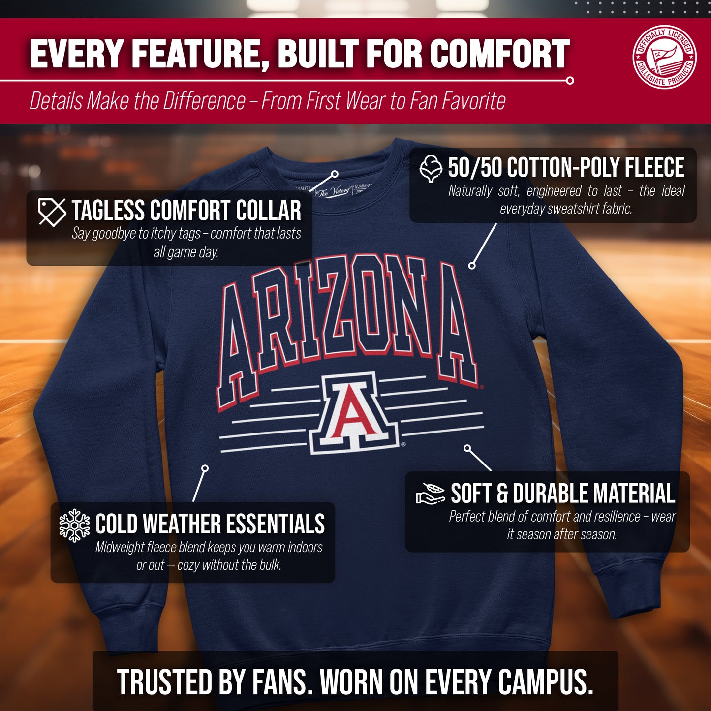 Arizona Wildcats NCAA Adult Unisex Overtime Classics Crewneck Fleece Sweatshirt - Navy