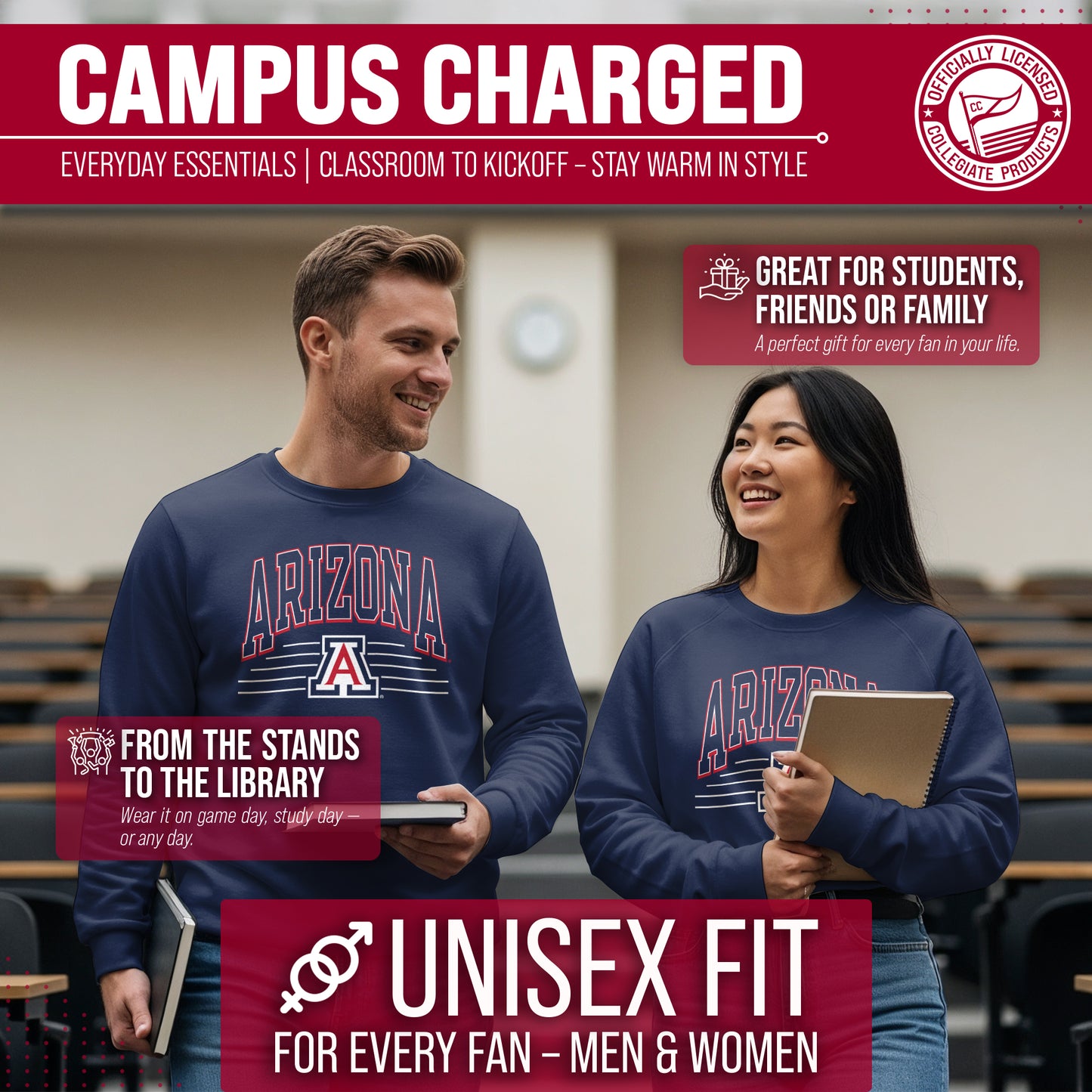 Arizona Wildcats NCAA Adult Unisex Overtime Classics Crewneck Fleece Sweatshirt - Navy