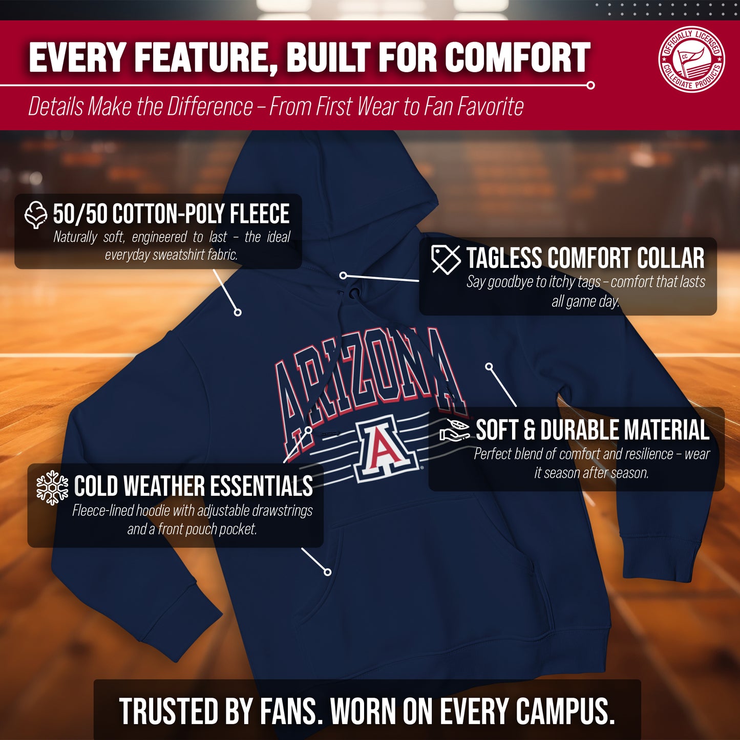 Arizona Wildcats NCAA Adult Unisex Overtime Classics Hooded Fleece Sweatshirt - Navy