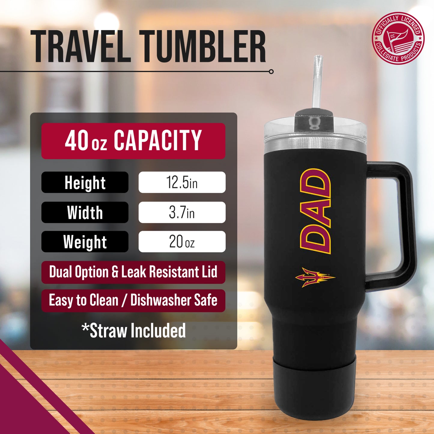 Arizona State Sun Devils Collegiate 40oz Stainless Steel Travel Tumbler with Handle for Dad - Black