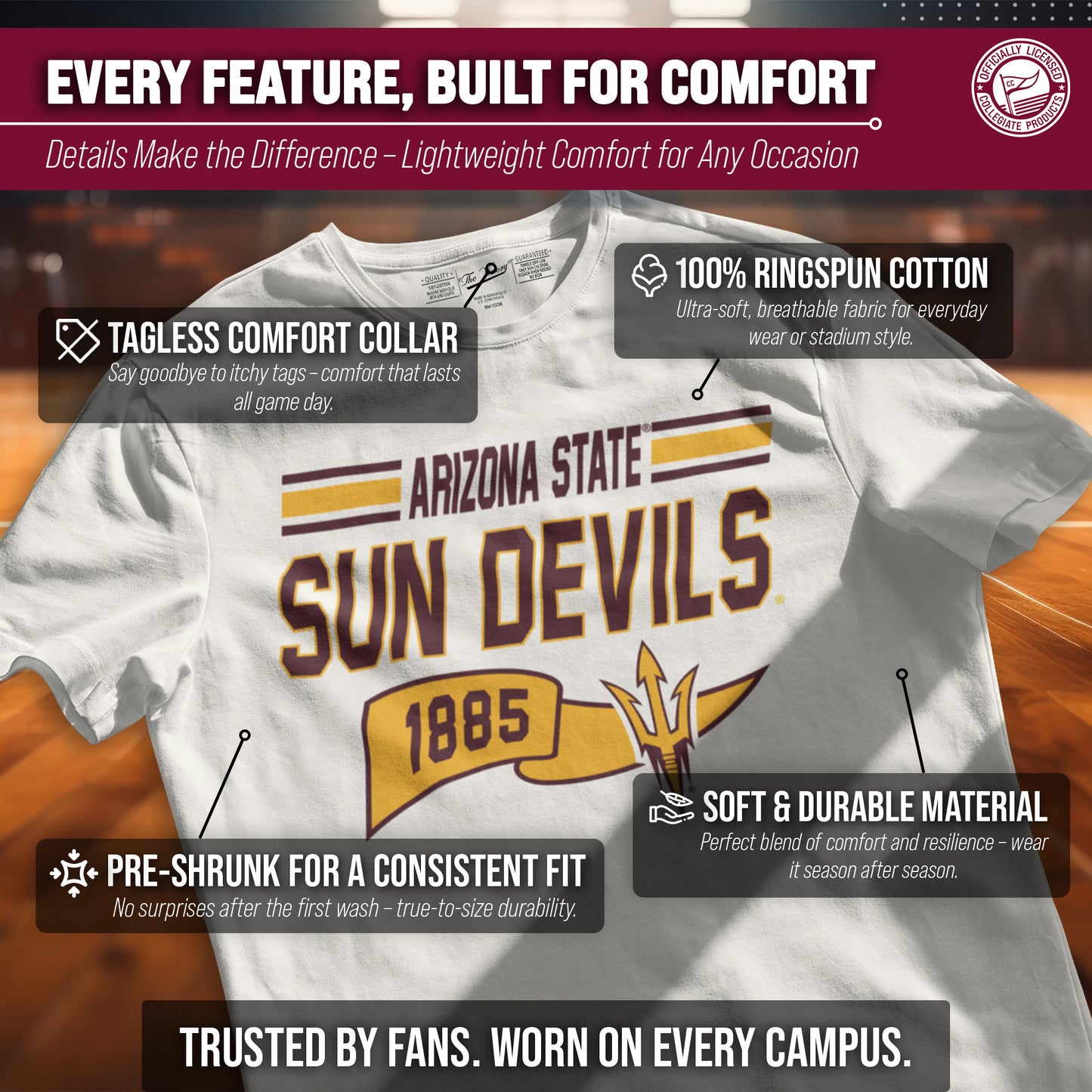 Arizona State Sun Devils NCAA Adult Unisex Varsity Club Pennant T-Shirt Tag-Less - Off White