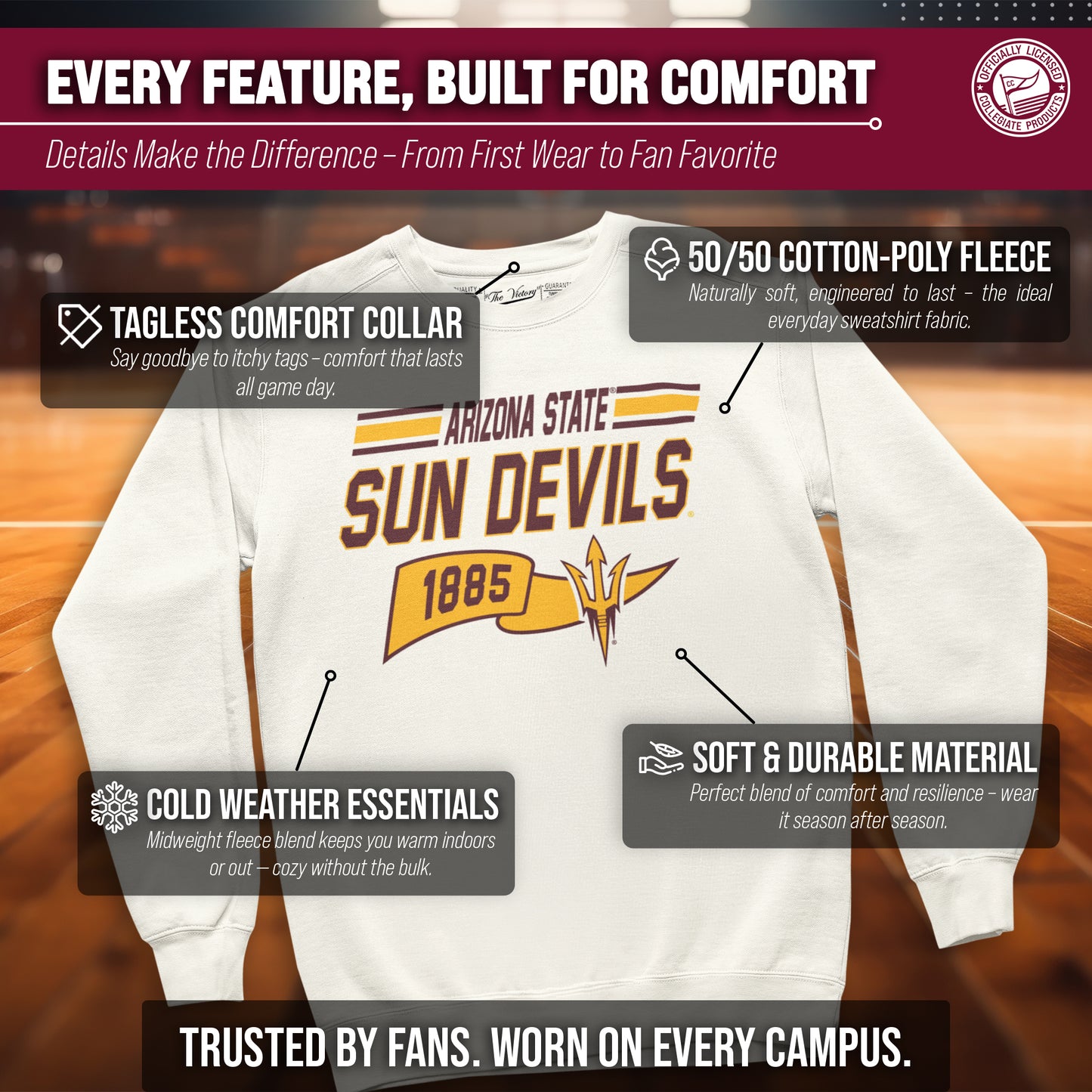 Arizona State Sun Devils NCAA Adult Unisex Varsity Club Pennant Crewneck Fleece Sweatshirt - Off White