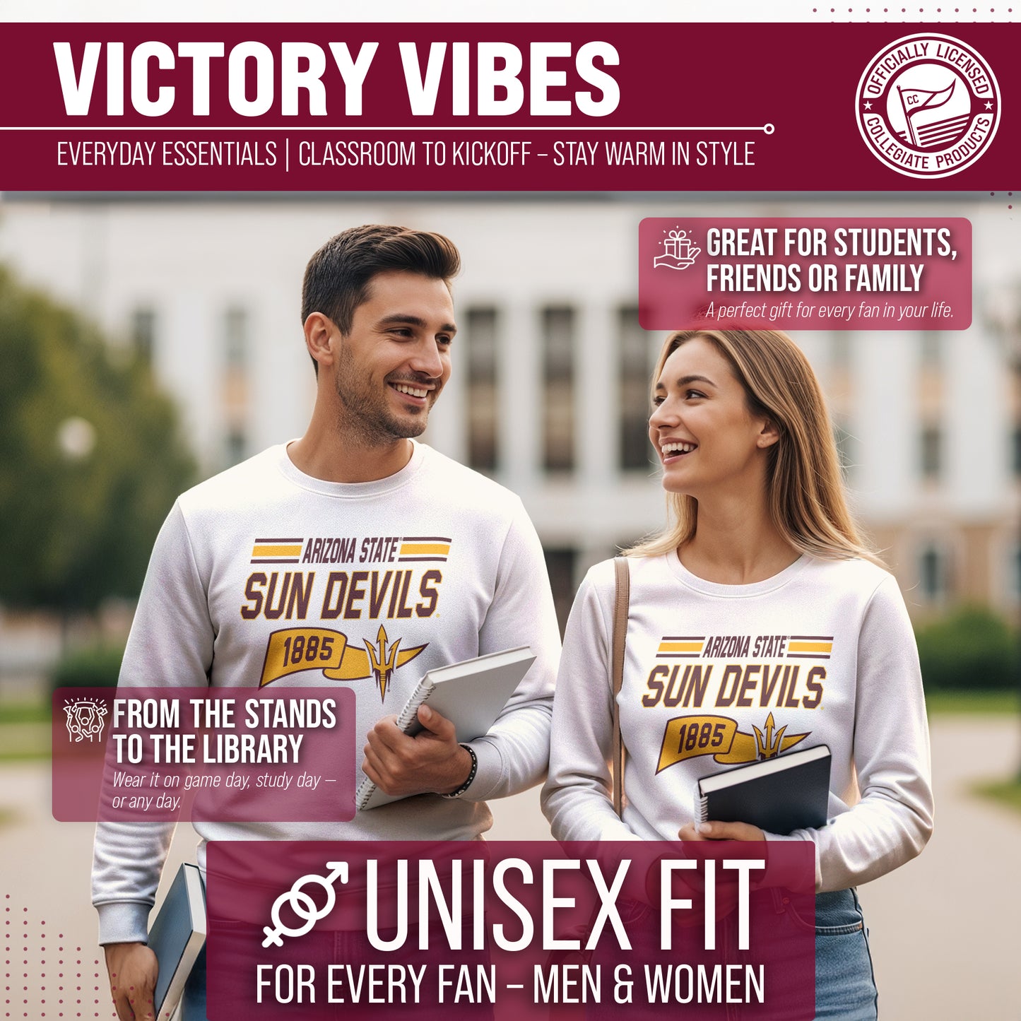 Arizona State Sun Devils NCAA Adult Unisex Varsity Club Pennant Crewneck Fleece Sweatshirt - Off White