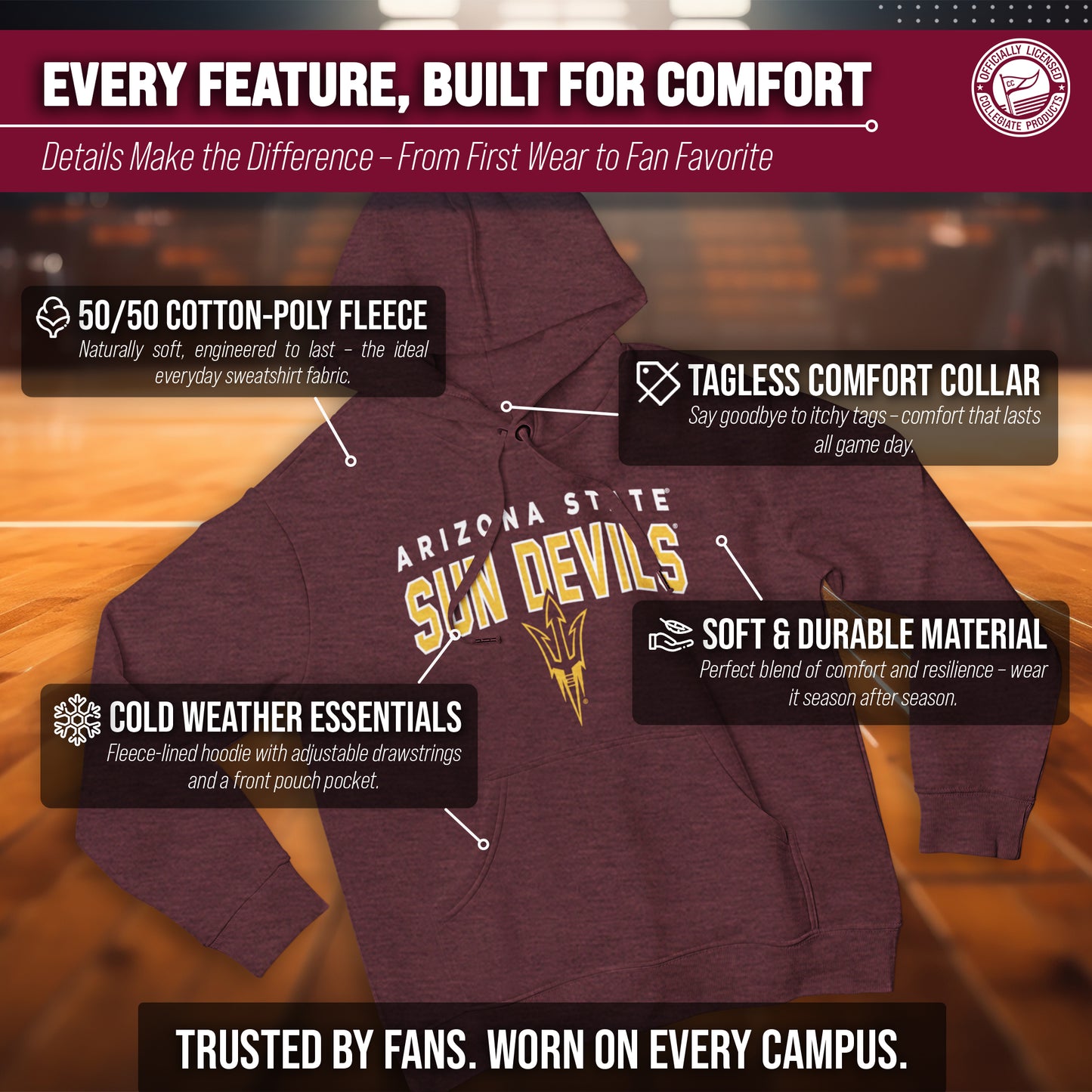 Arizona State Sun Devils NCAA Adult Unisex Starting Fresh Heathered Hooded Fleece Sweatshirt - Maroon Heather