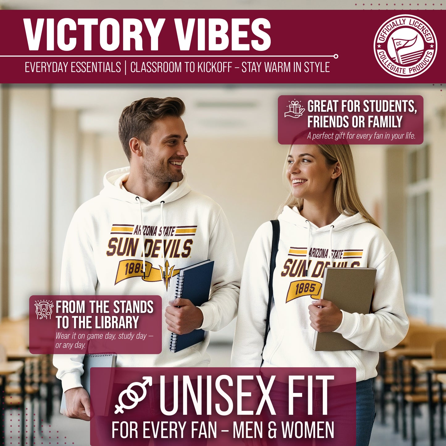 Arizona State Sun Devils NCAA Adult Unisex Varsity Club Pennant Hooded Fleece Sweatshirt - Off White