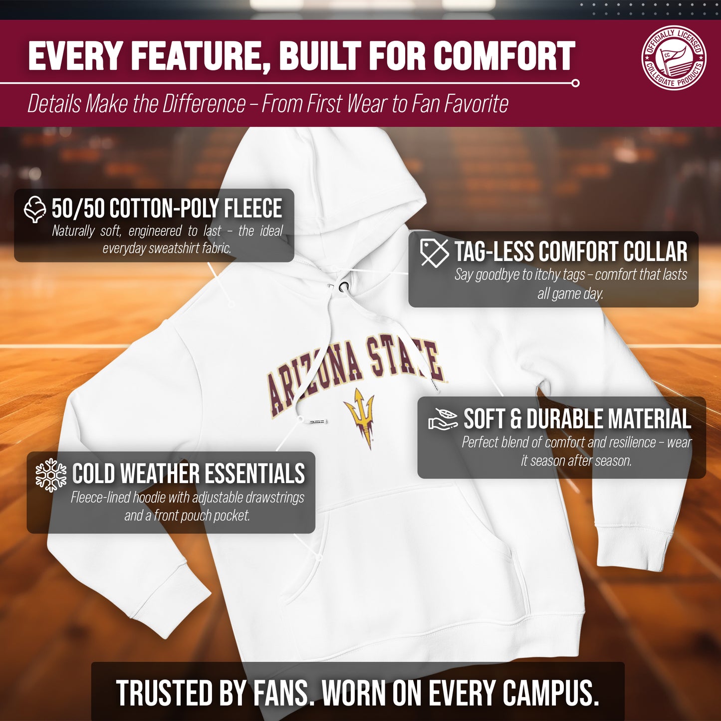 Arizona State Sun Devils Adult Arch & Logo Soft Style Gameday Hooded Sweatshirt - White