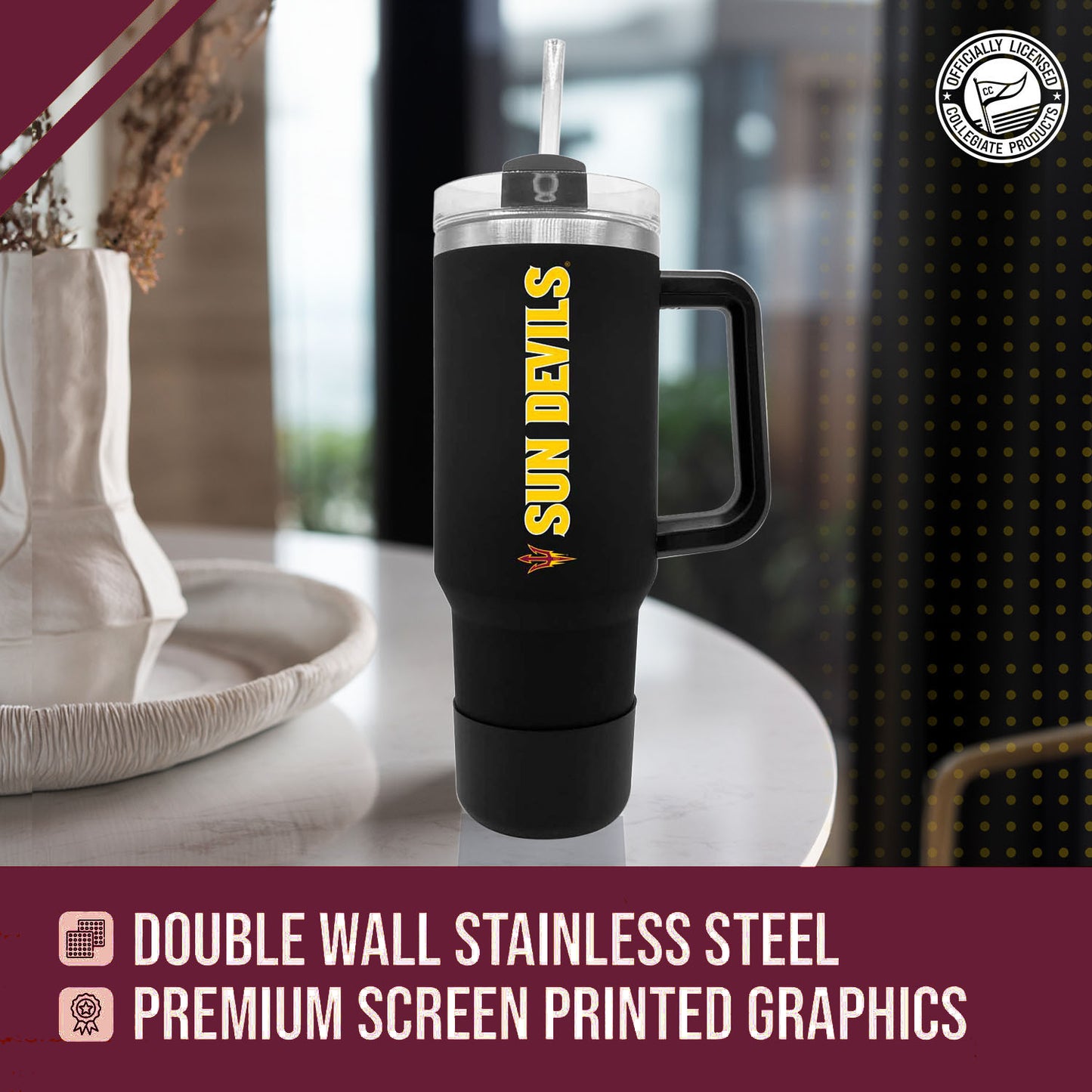 Arizona State Sun Devils College & University 40 oz Travel Tumbler With Handle - Black