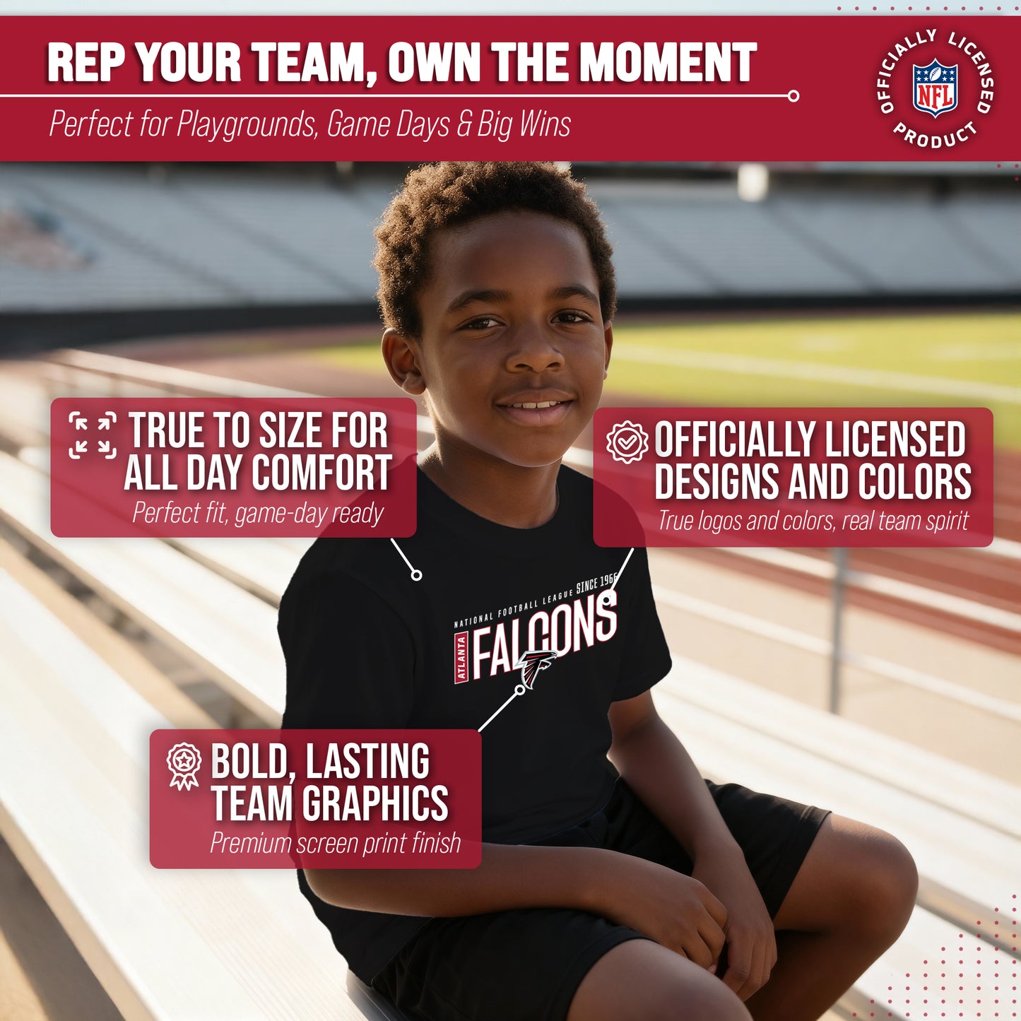 Atlanta Falcons NFL Youth Modern Endzone Football T-Shirt Unisex Tag Free Comfortable - Black