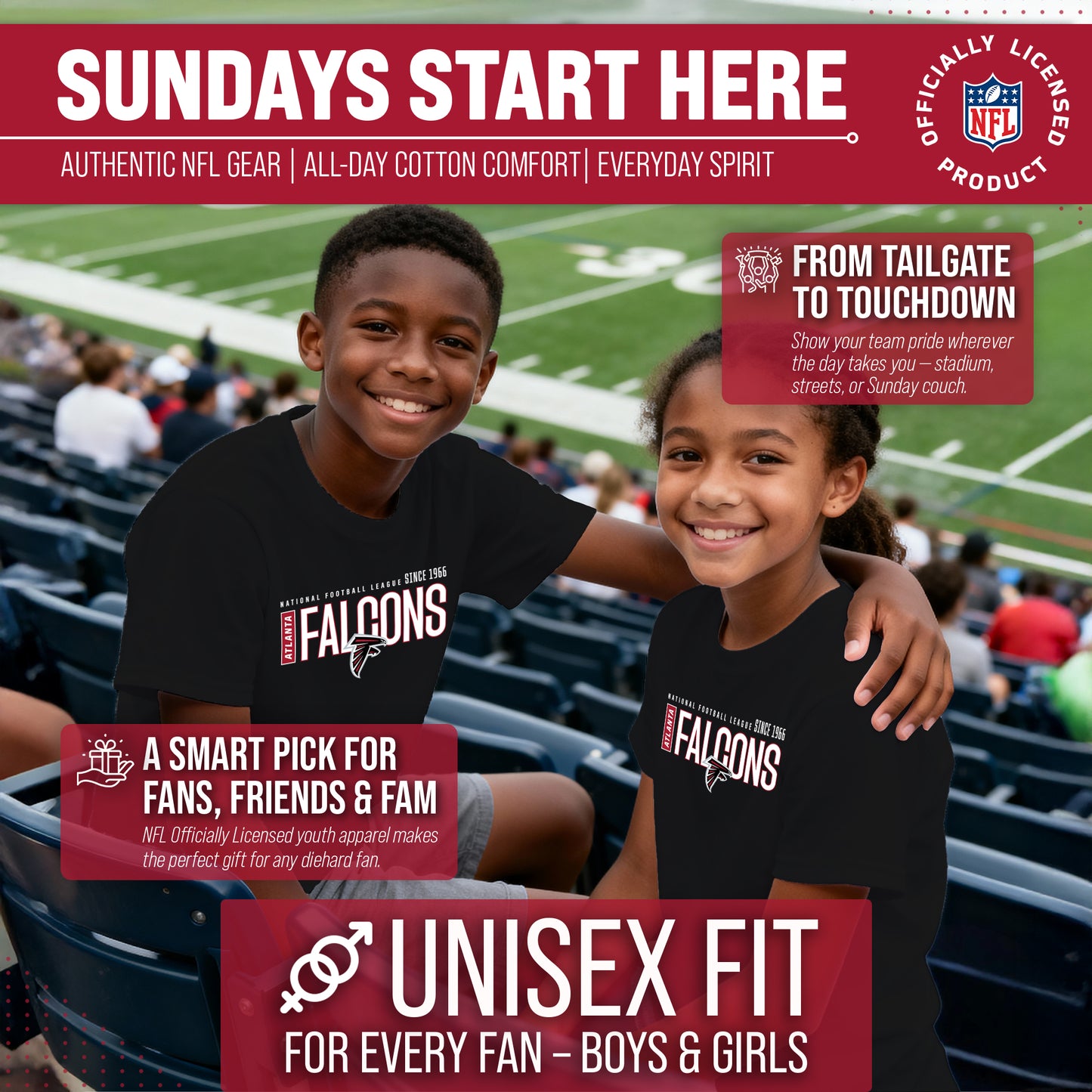 Atlanta Falcons NFL Youth Modern Endzone Football T-Shirt Unisex Tag Free Comfortable - Black