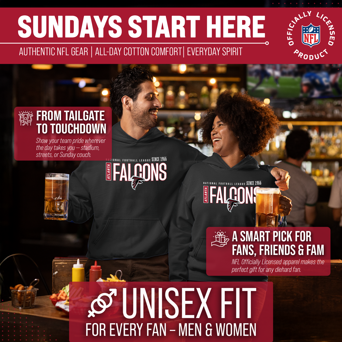 Atlanta Falcons NFL Adult Unisex Modern Endzone Soft Fleece Hooded Sweatshirt - Black