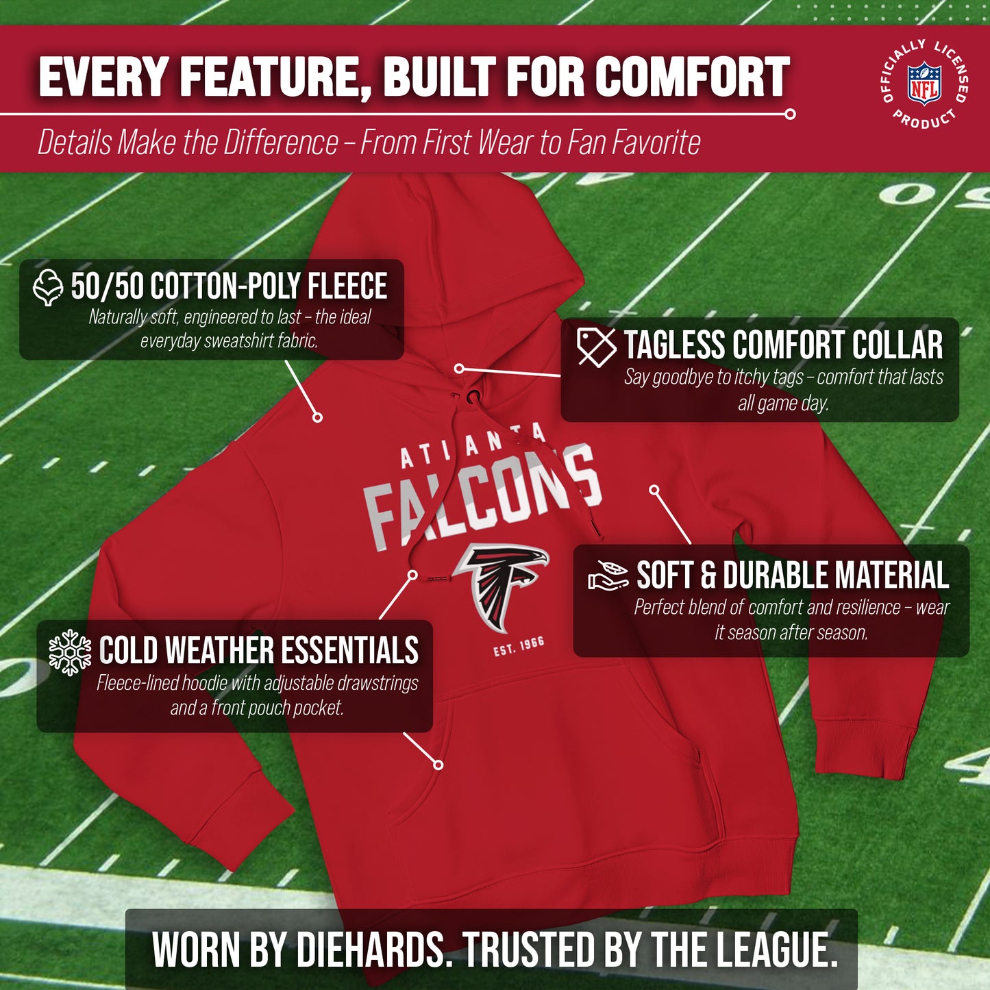 Atlanta Falcons Adult NFL Diagonal Fade Fleece Hooded Sweatshirt - Red