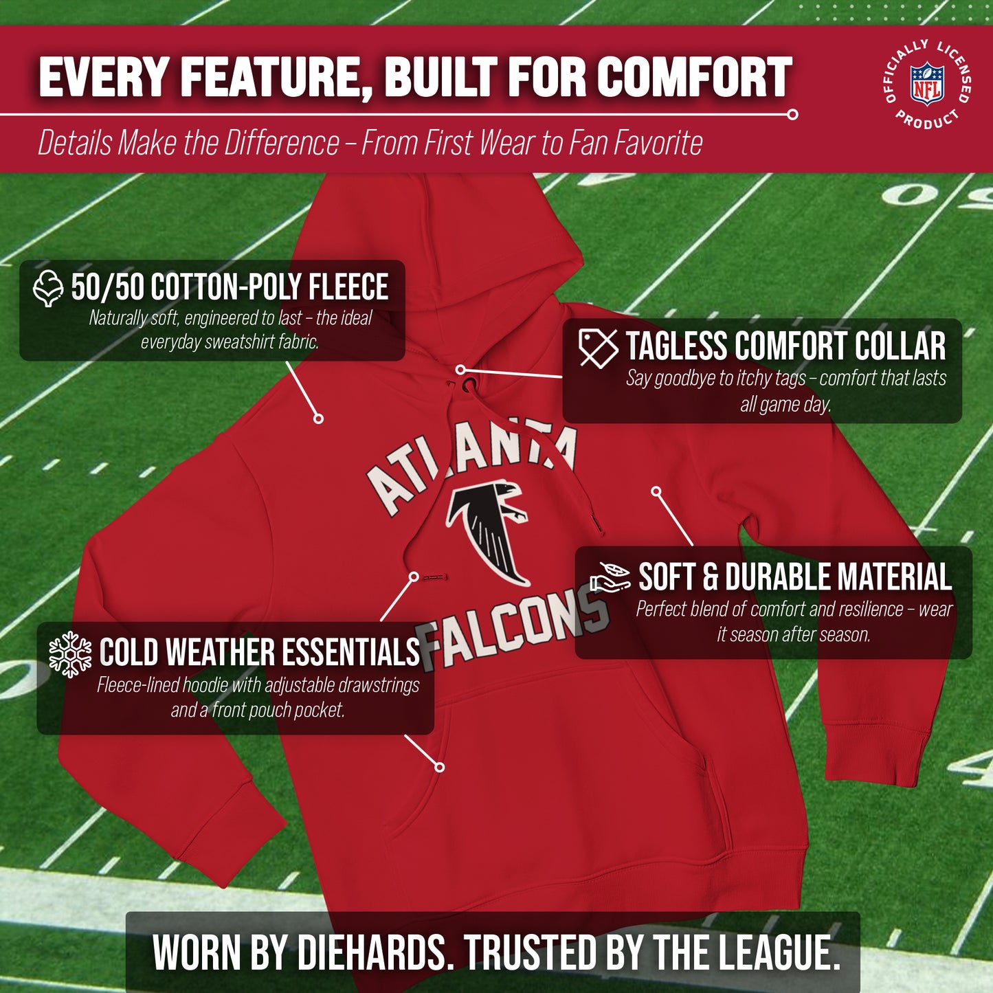 Atlanta Falcons NFL Adult Unisex Retro Gameday Ultra Soft Fleece Hooded Sweatshirt - Red