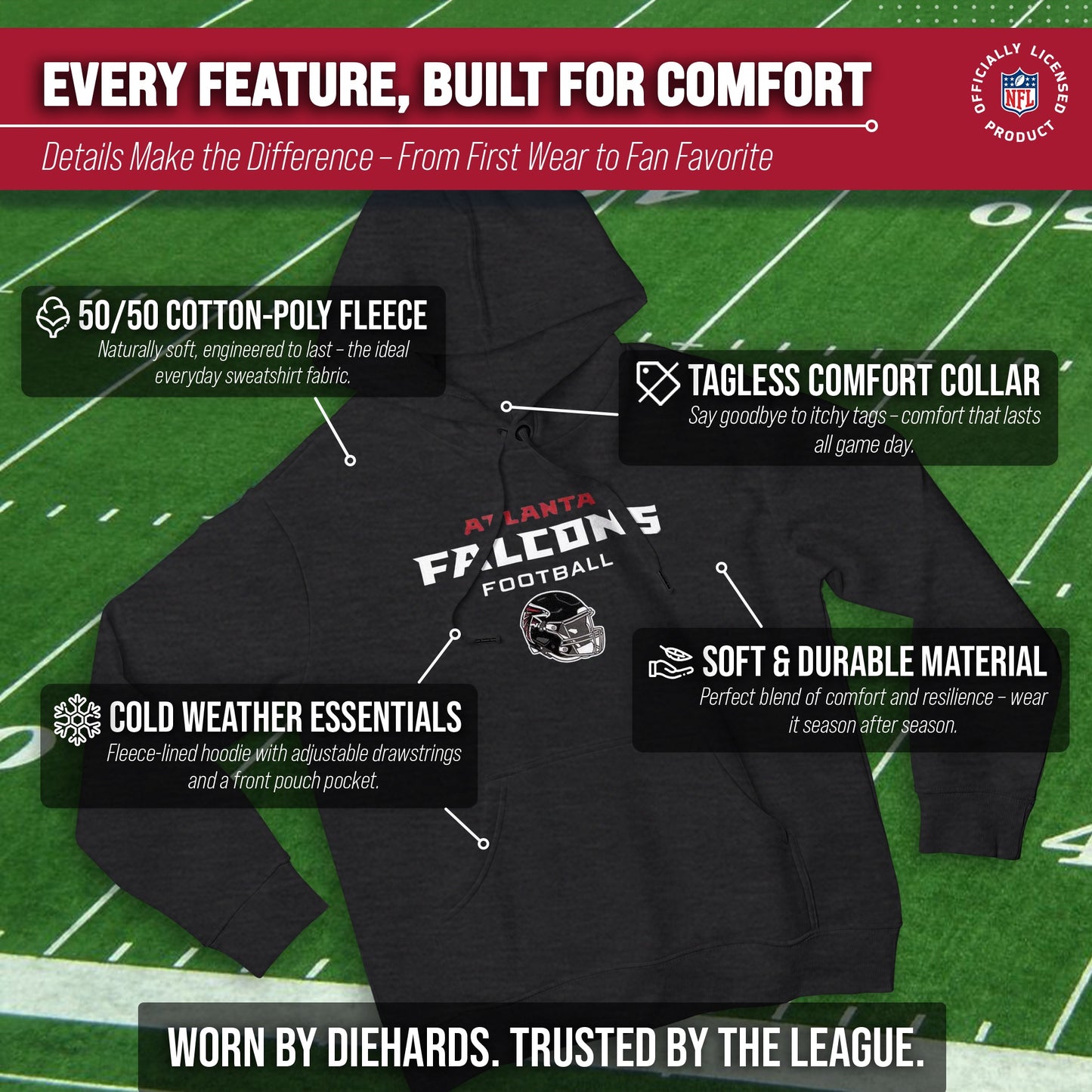 Atlanta Falcons Adult NFL Football Helmet Heather Hooded Sweatshirt - Charcoal