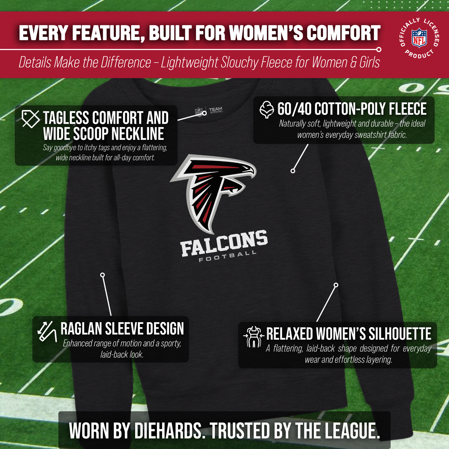Atlanta Falcons Women's NFL Ultimate Fan Logo Slouchy Crewneck -Tagless Fleece Lightweight Pullover - Charcoal