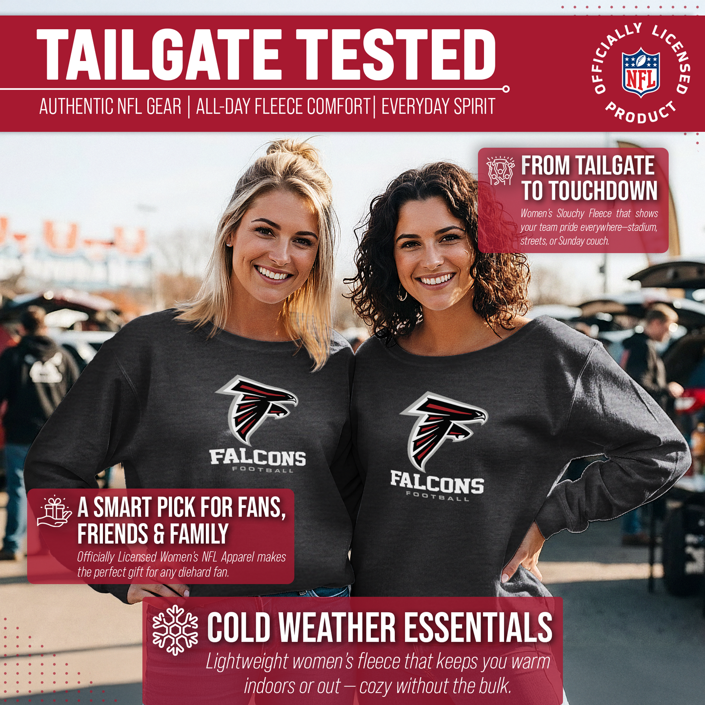 Atlanta Falcons Women's NFL Ultimate Fan Logo Slouchy Crewneck -Tagless Fleece Lightweight Pullover - Charcoal