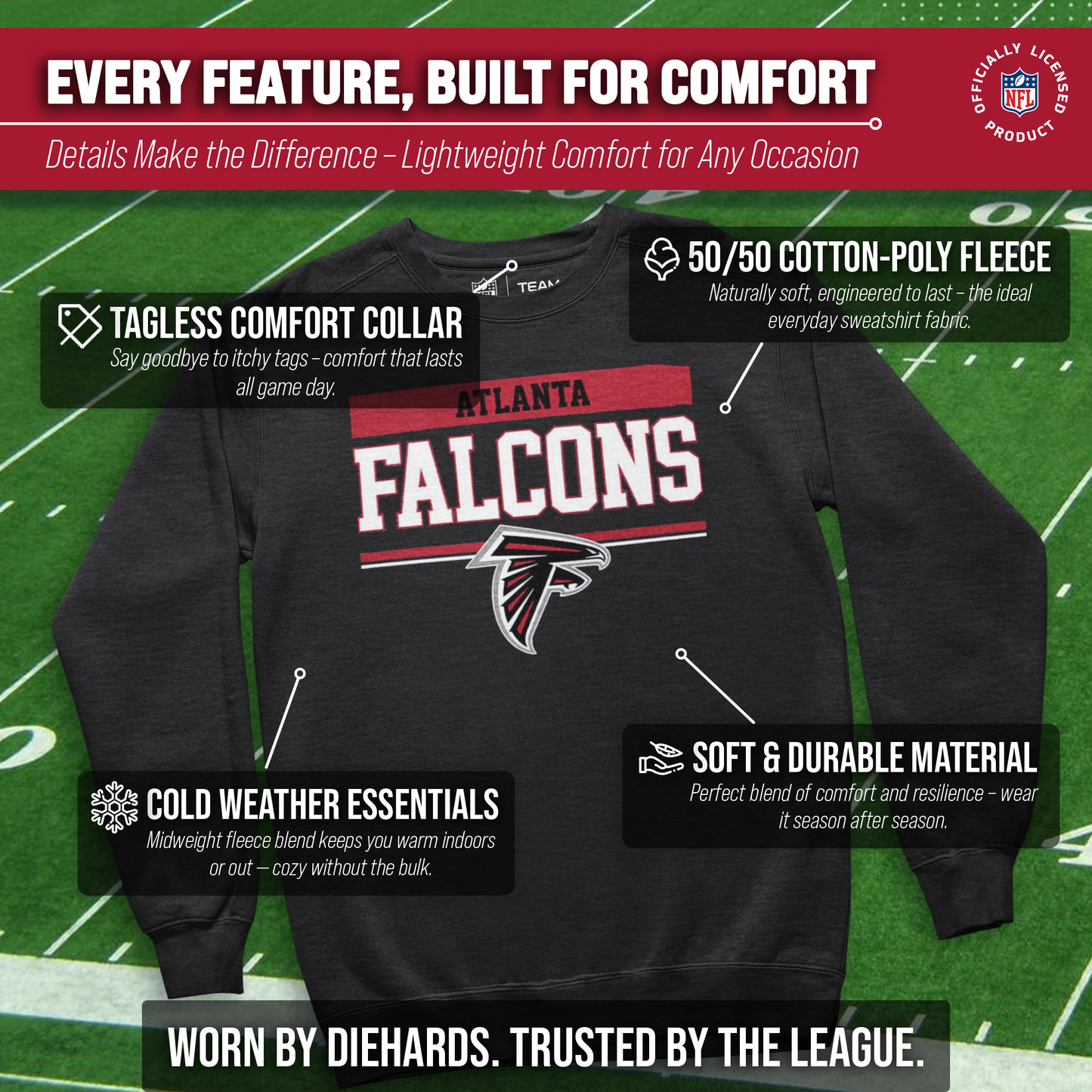 Atlanta Falcons NFL Adult Long Sleeve Team Block Charcoal Crewneck Sweatshirt - Charcoal