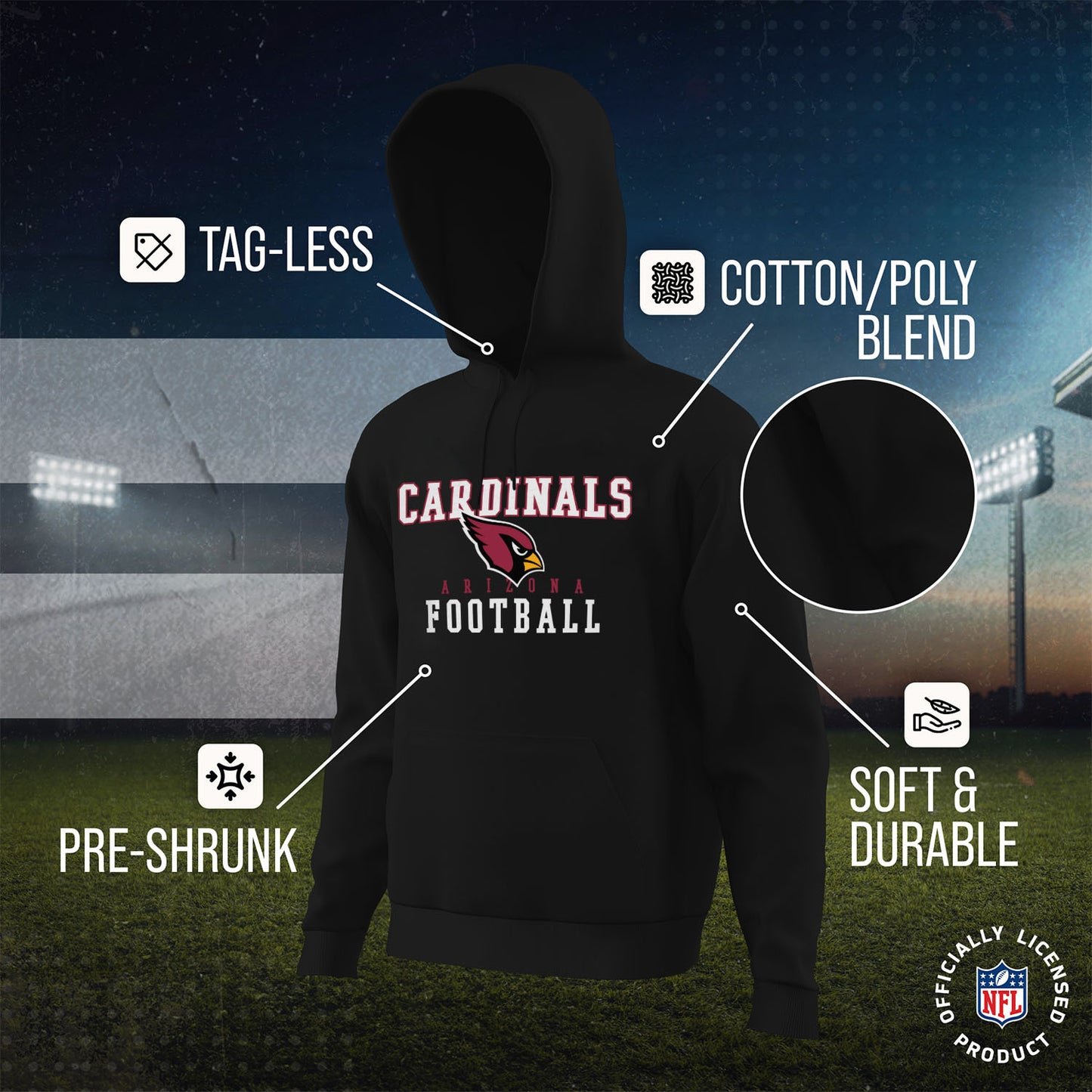 Arizona Cardinals NFL Core Fan Adult Hooded Sweatshirt - Black