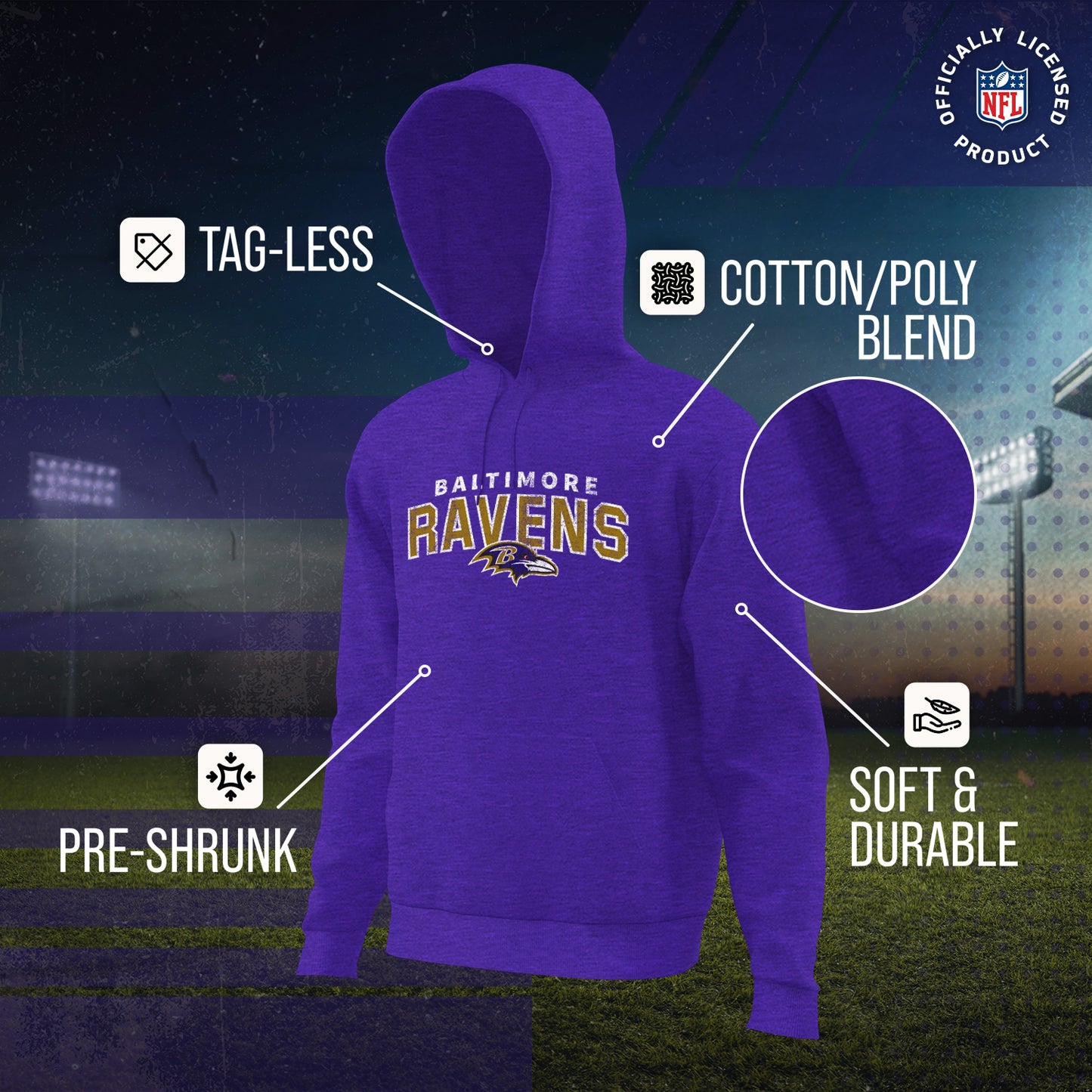 Baltimore Ravens NFL Youth Starting Fresh Tee- Pro Football Tag-Less T-Shirt For Boys & Girls - Purple