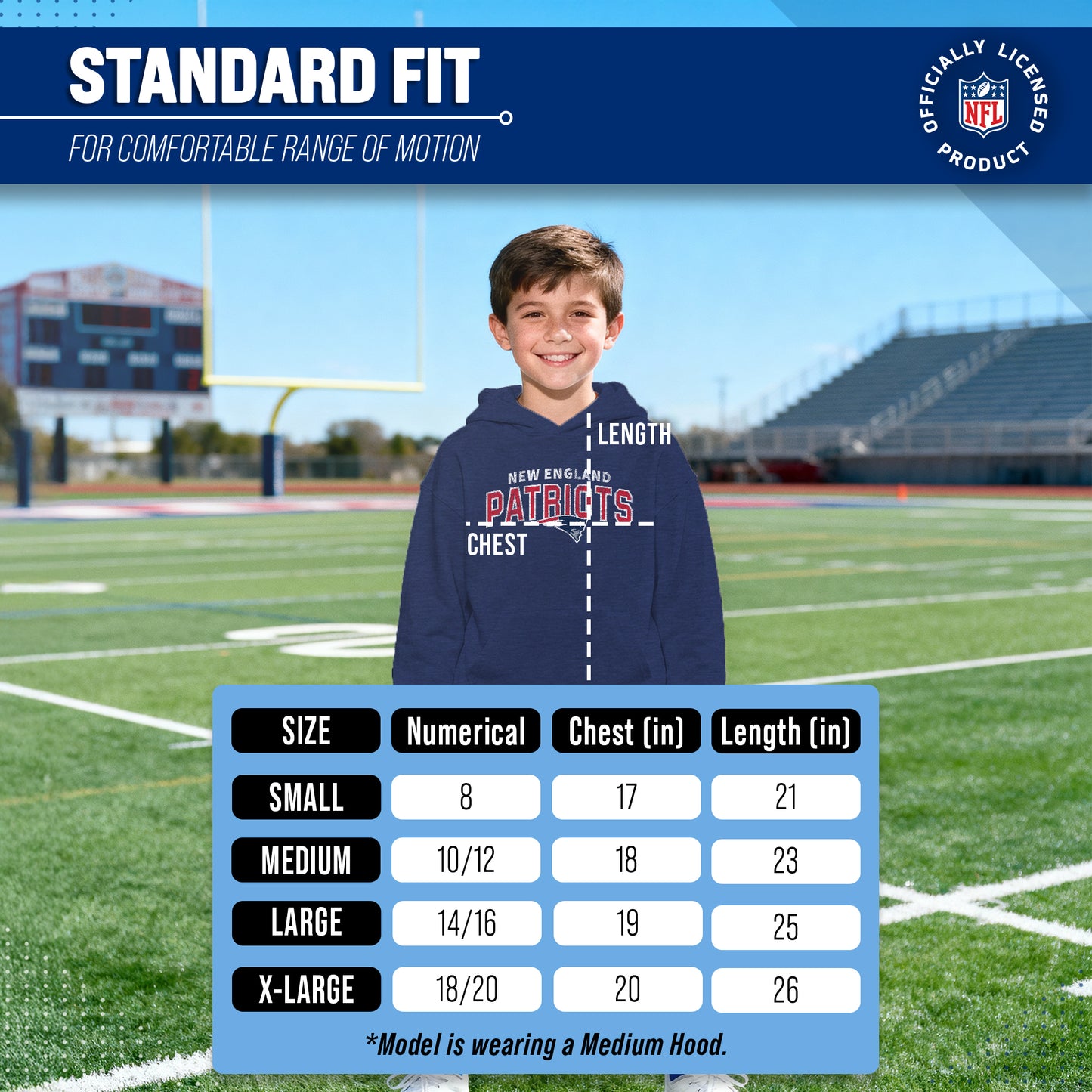 New England Patriots NFL Youth Starting Fresh Hoodie- Pro Football Sweatshirt for Boys and Girls - Navy