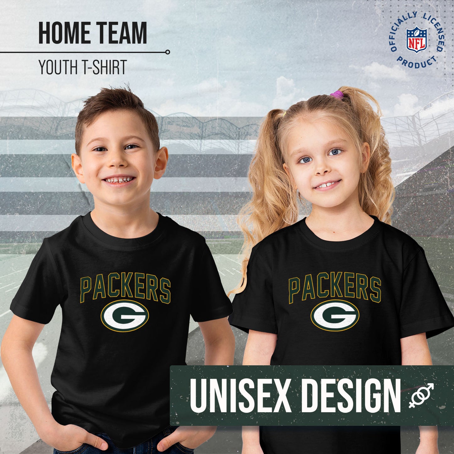 Green Bay Packers NFL Youth Home Team Tee- Youth Pro Football T-Shirt For Boys & Girls Kids clothes - Black
