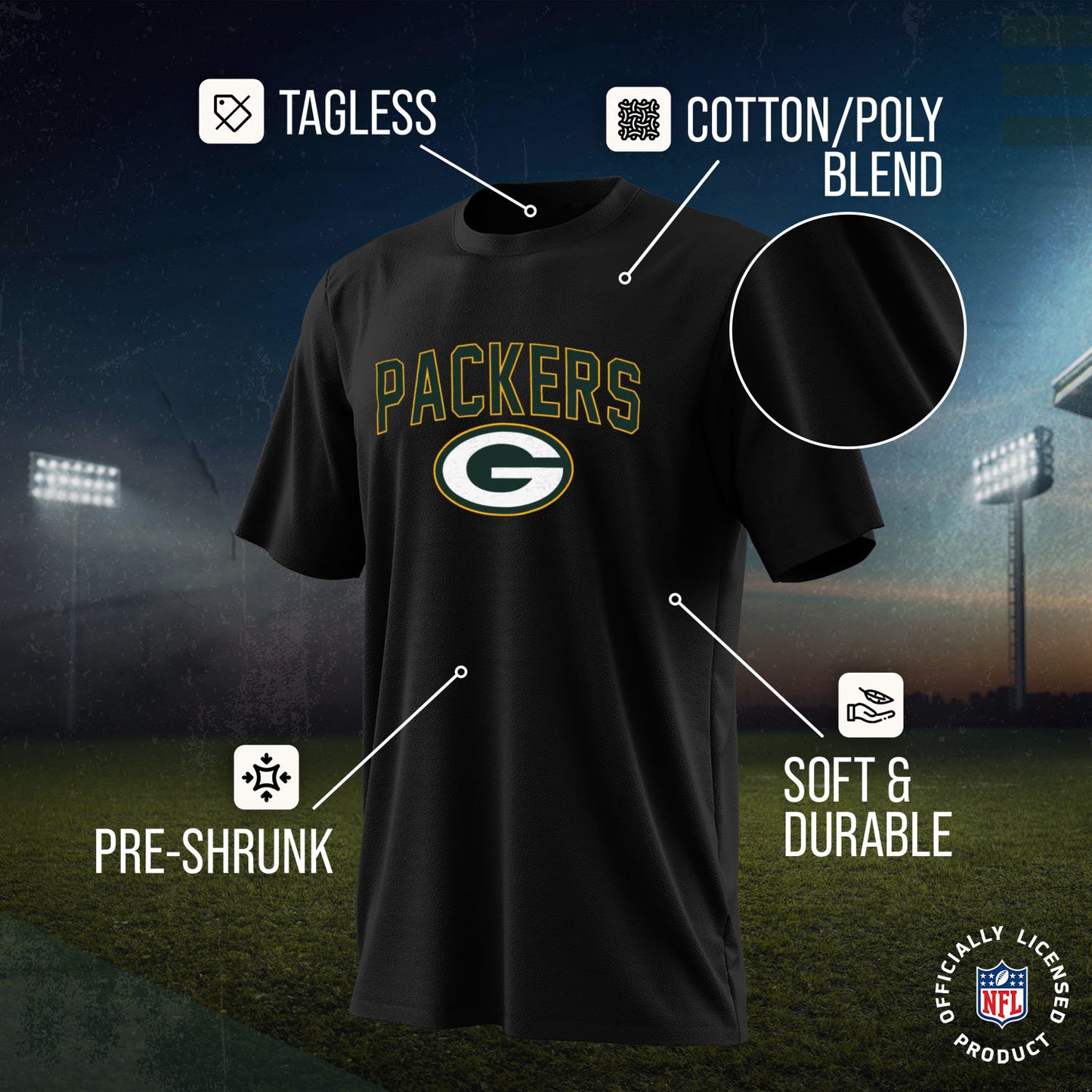 Green Bay Packers NFL Youth Home Team Tee- Youth Pro Football T-Shirt For Boys & Girls Kids clothes - Black