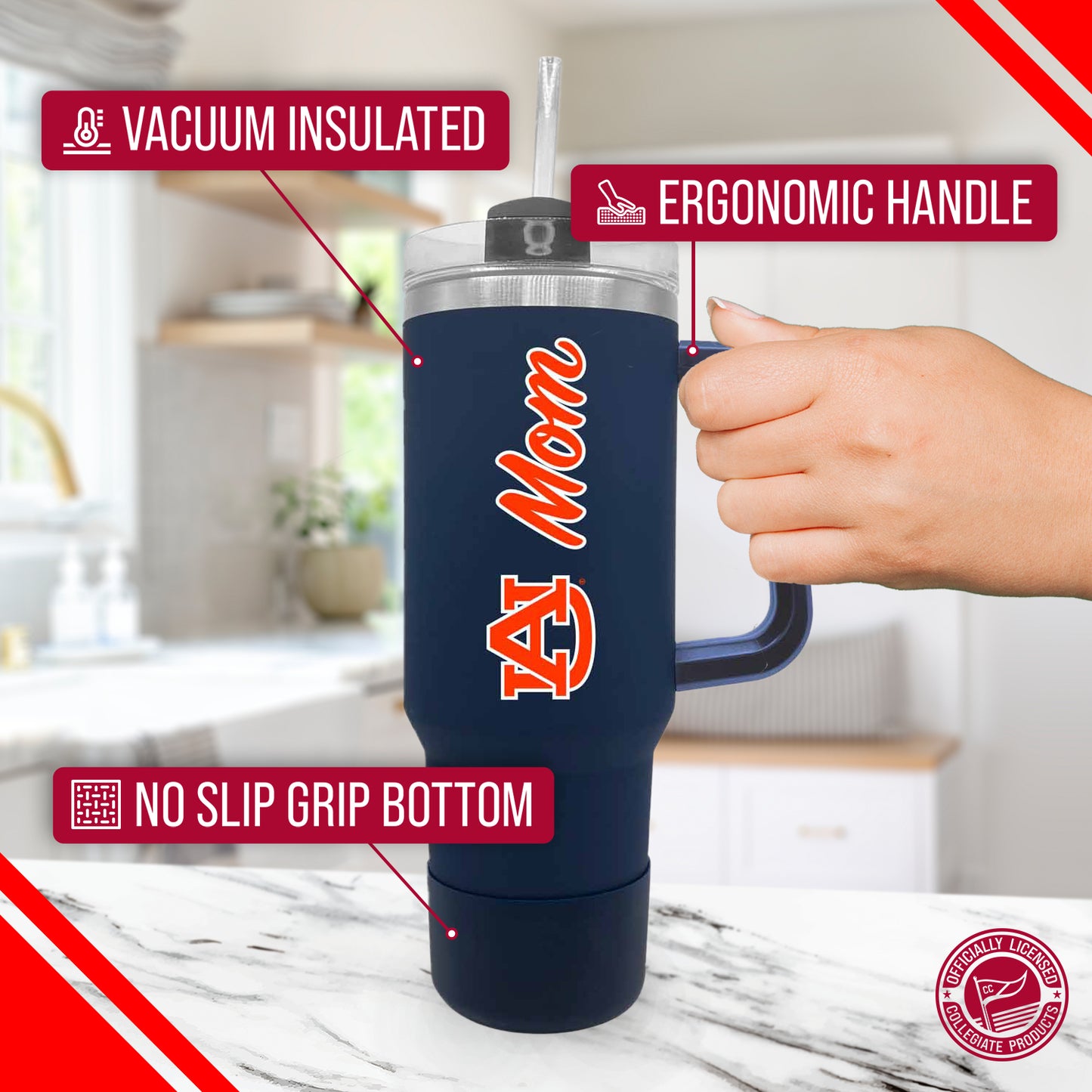 Auburn Tigers Collegiate 40oz Stainless Steel Travel Tumbler with Handle for Mom - Navy