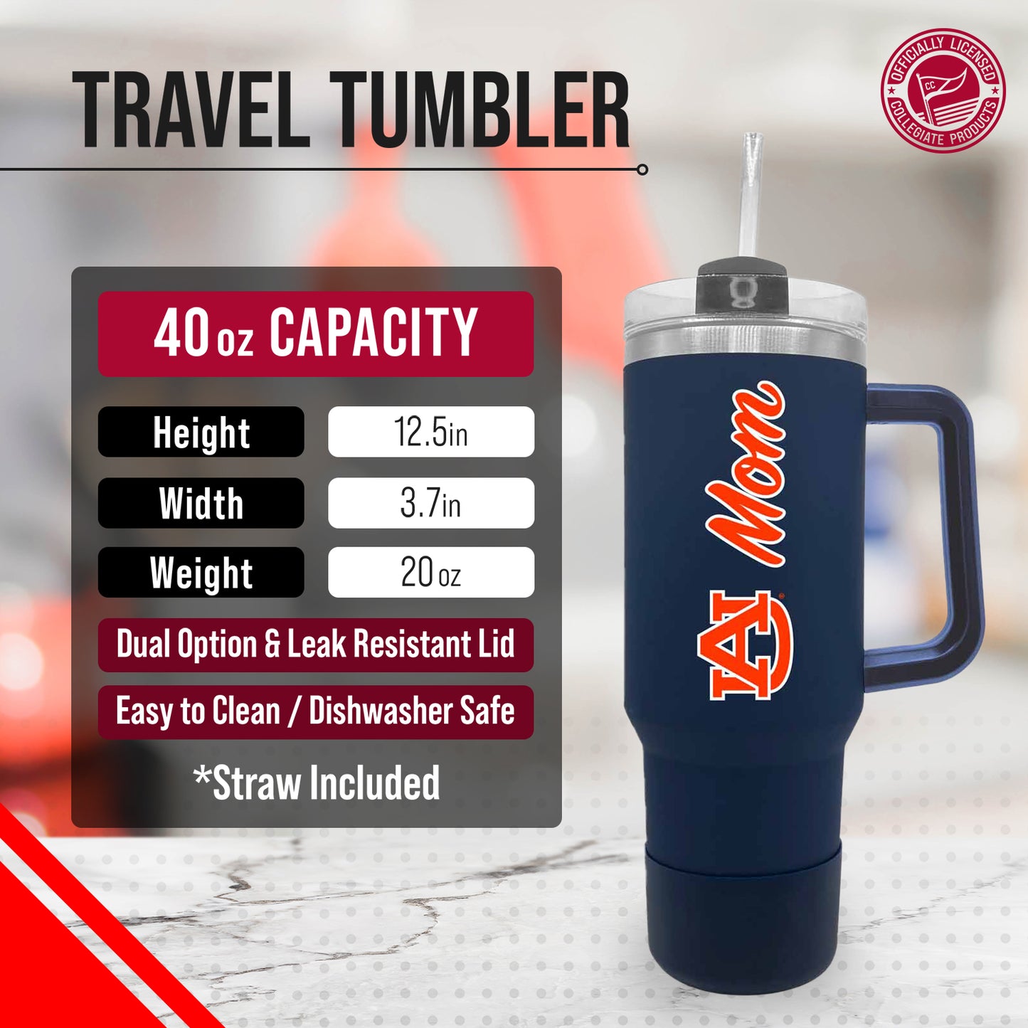 Auburn Tigers Collegiate 40oz Stainless Steel Travel Tumbler with Handle for Mom - Navy