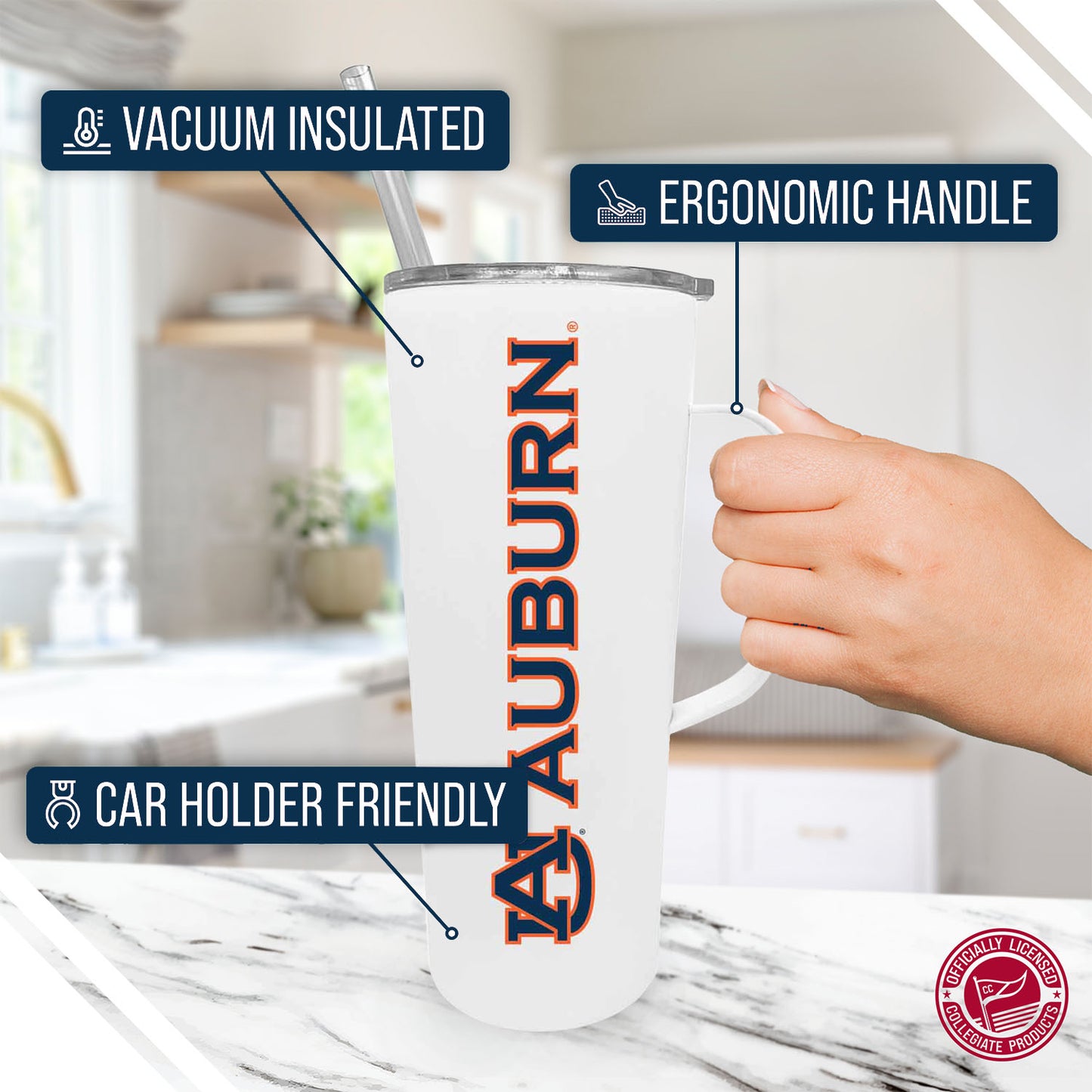 Auburn Tigers NCAA Stainless Steel 20oz Roadie With Handle & Dual Option Lid With Straw - White