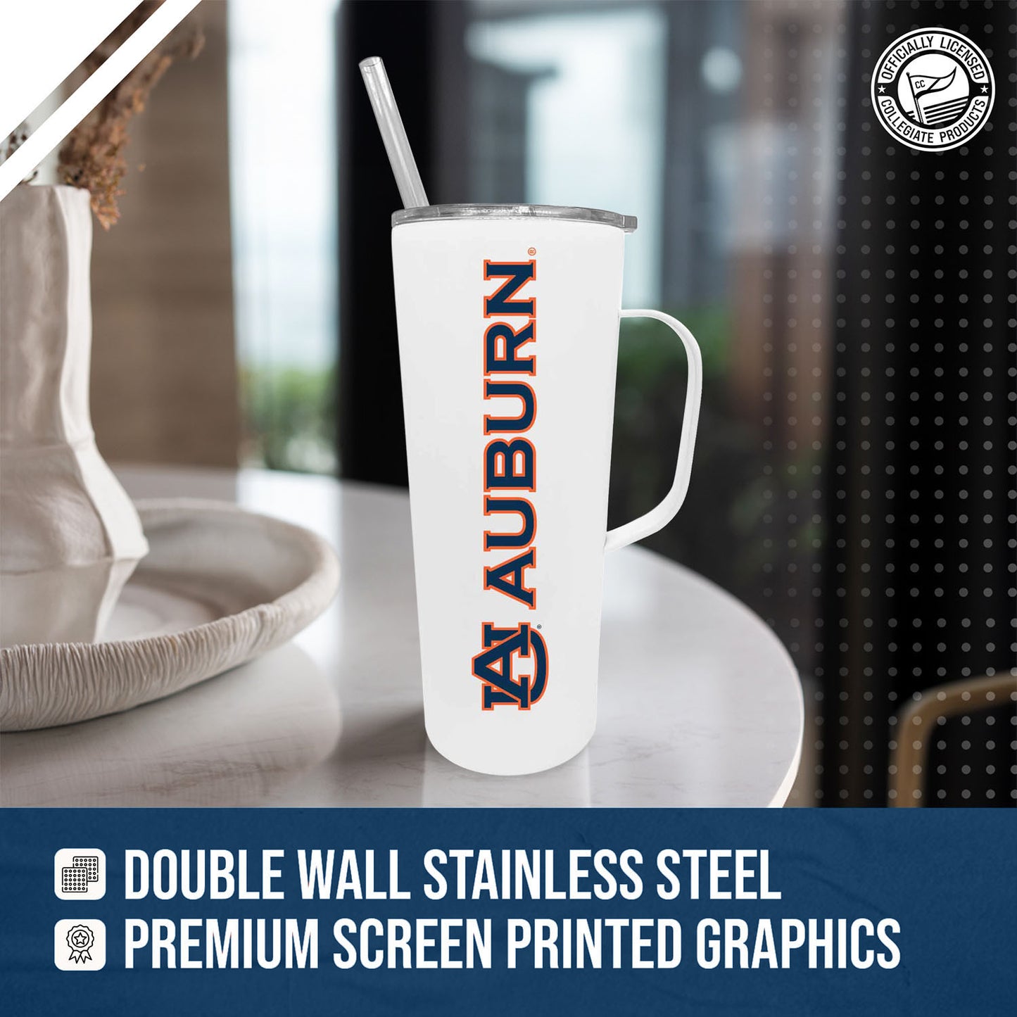 Auburn Tigers NCAA Stainless Steel 20oz Roadie With Handle & Dual Option Lid With Straw - White