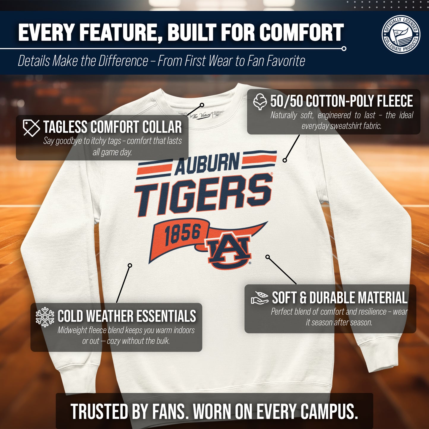 Auburn Tigers NCAA Adult Unisex Varsity Club Pennant Crewneck Fleece Sweatshirt - Off White