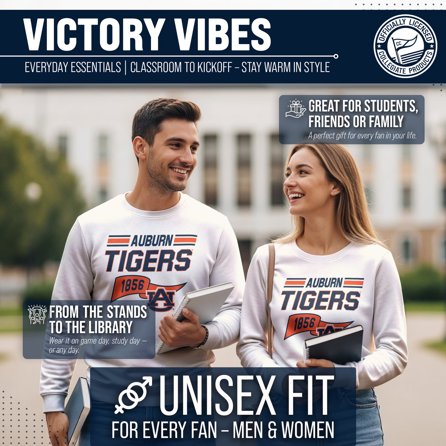 Auburn Tigers NCAA Adult Unisex Varsity Club Pennant Crewneck Fleece Sweatshirt - Off White