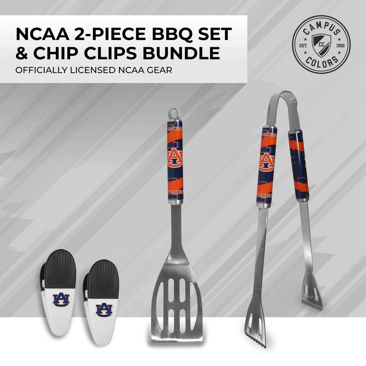 Auburn Tigers Collegiate University Two Piece Grilling Tools Set with 2 Magnet Chip Clips - Chrome