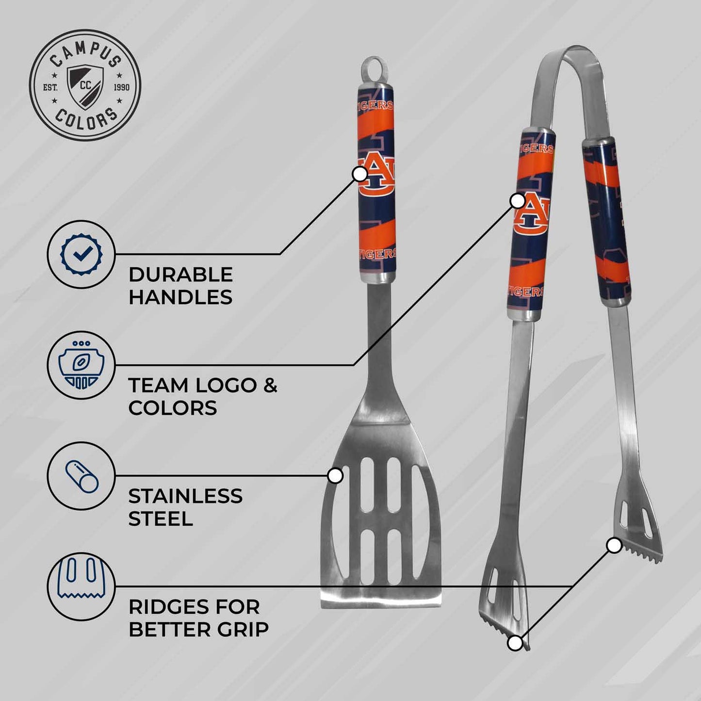 Auburn Tigers Collegiate University Two Piece Grilling Tools Set with 2 Magnet Chip Clips - Chrome