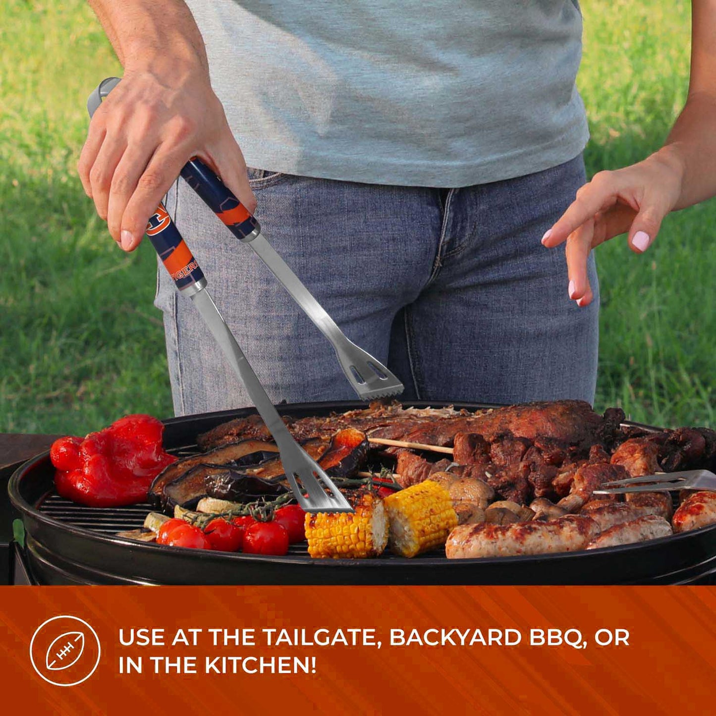 Auburn Tigers Collegiate University Two Piece Grilling Tools Set with 2 Magnet Chip Clips - Chrome
