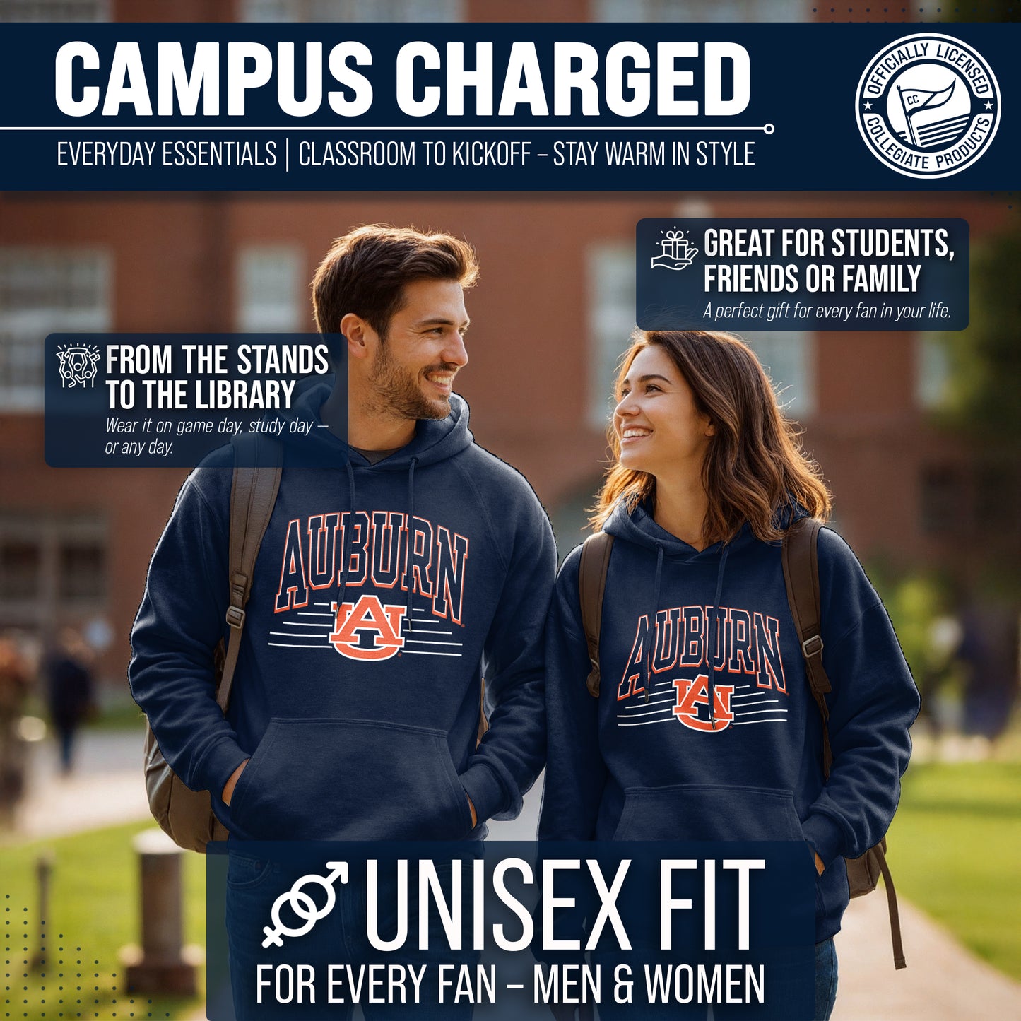 Auburn Tigers NCAA Adult Unisex Overtime Classics Hooded Fleece Sweatshirt - Navy