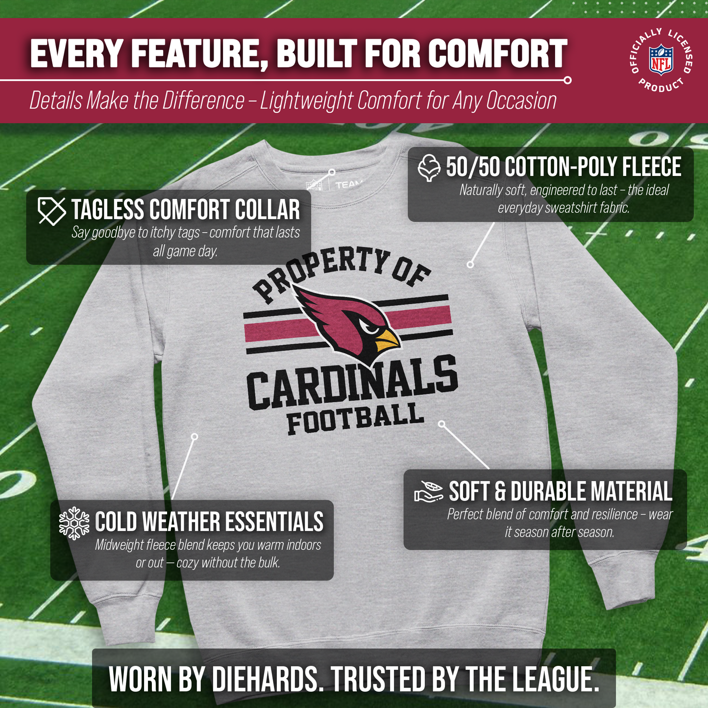 Arizona Cardinals NFL Adult Property Of Crewneck Fleece Sweatshirt - Sport Gray