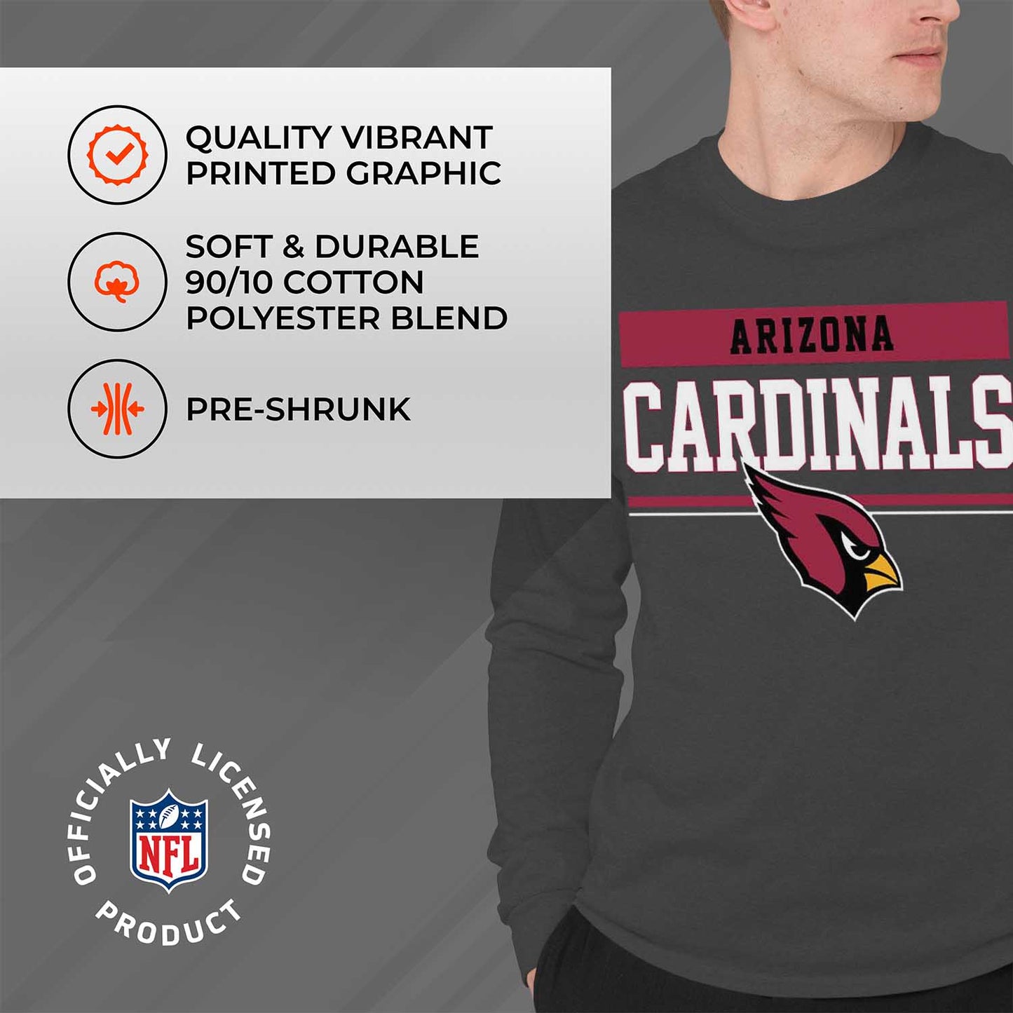Arizona Cardinals NFL Adult Charcoal Long Sleeve T Shirt - Charcoal